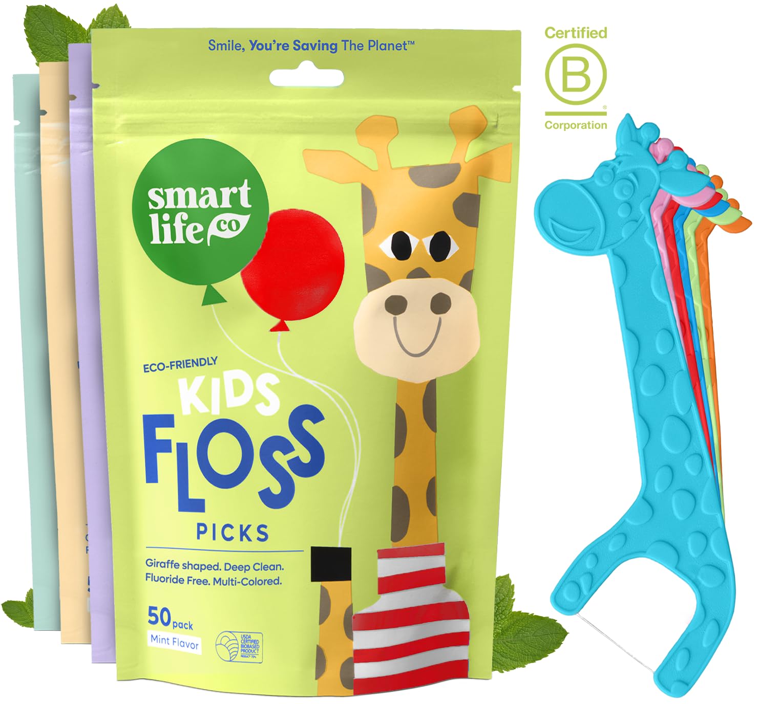 SmartLifeco Eco-Friendly Kids Flossers (200ct) - Dental Floss Picks for Children Made with Straw Wheat, Fluoride & PFA Free, Toothpick Flossing Sticks