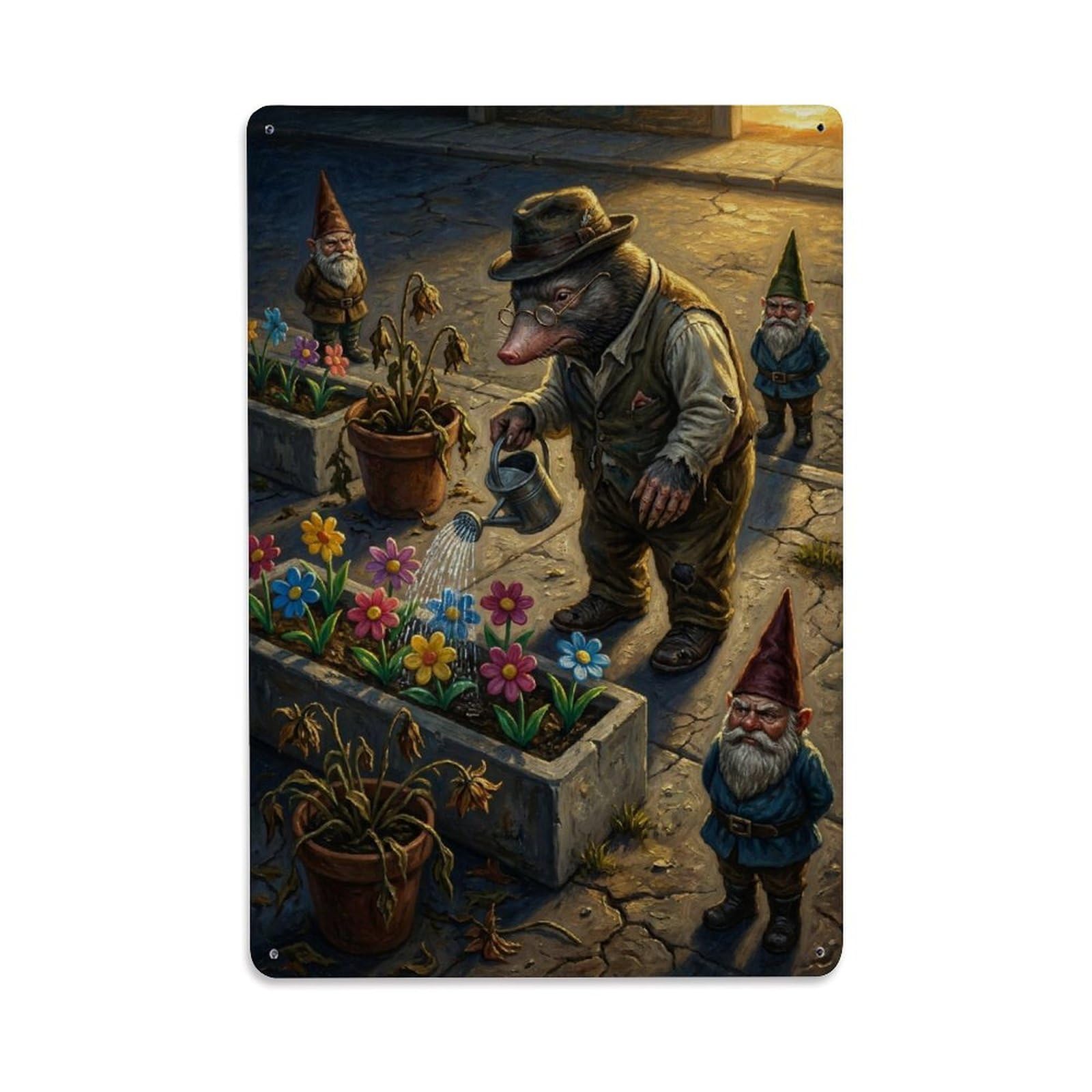 Dog Garden Gnome Absurd Humor Surreal Vintage Animal Retro Metal Tin Sign Plaque Wall Decor for Cafe, Man Cave, Club Bar, Office, Home Garden Round Metal Poster 8x12Inch