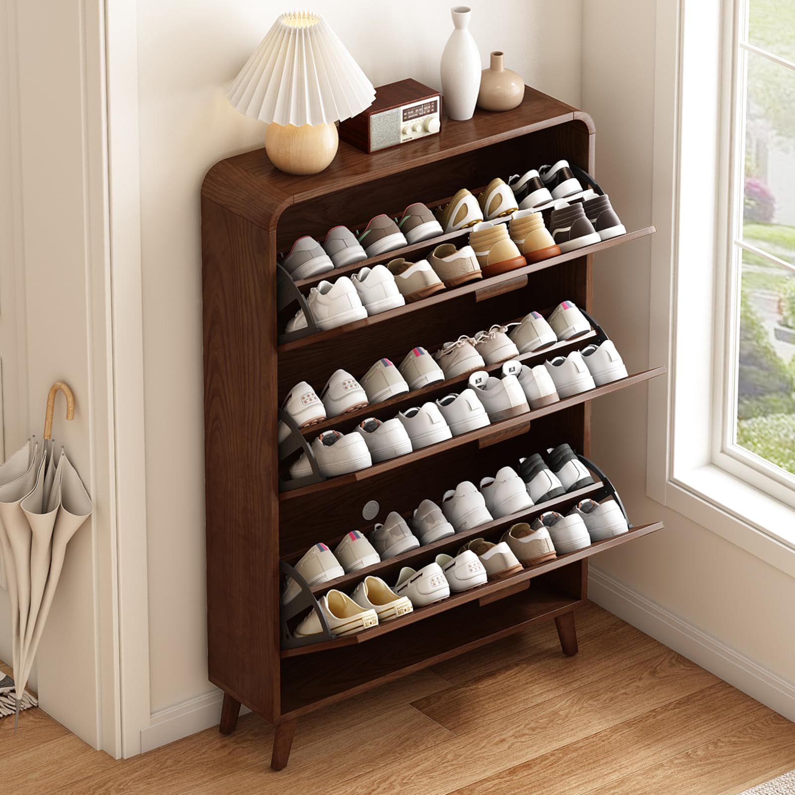 BHDJSE Shoe Cabinet with 3 Flip Drawers, Hidden Wood Shoe Cabinet, Freestanding Shoe Storage Cabinet for Entryway Hallway Shoe Rack Organizer, Walnut