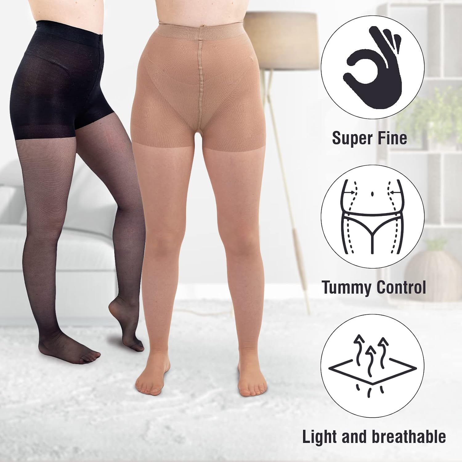 Control Top Pantyhose for Women, 12D Sheer Stockings, Run-Resistant Tights