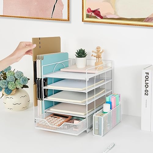 Miniatura 4 de gianotter Organizador de bandeja de papel de 5 niveles con soporte para archivos, organizador de escritorio con cajón y soporte para bolígrafos,