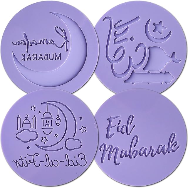 DELSEN 4 Pcs Ramadan Mubarak Cookie Stamp 3D Eid Stamp Cookie Cutters Icing Fondant Embosser for Biscuit Cupcake Eid Celebrations Party Decorations