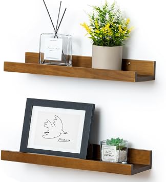 16 Inches Floating Shelves for Wall, Solid Pine Wood Picture Ledge Shelves, Walnut Wall Shelves with Lips, Nursery Book Shelves for Toys Storage Living Room Bedroom Photo Frames 2 Pcs, Walnut