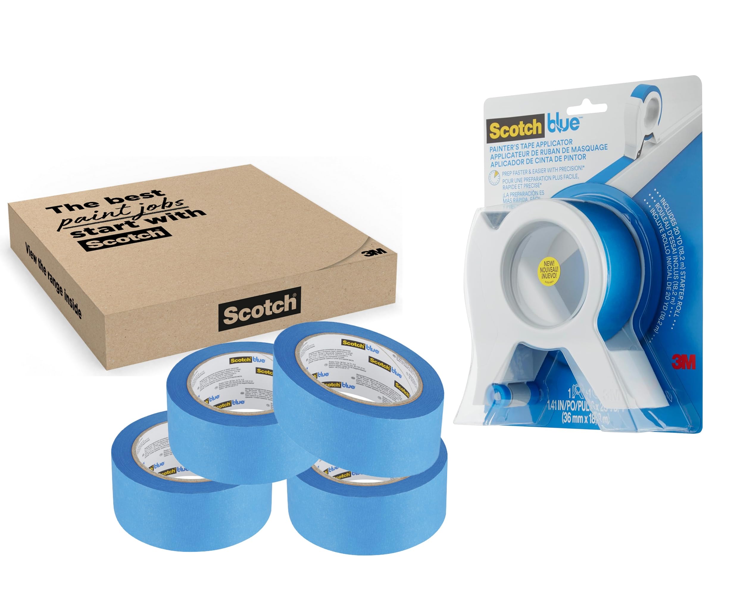 ScotchBlue Kit Aplicador de Cinta de Pintor con 5 Rollos en Total (36mm) – Cinta de Enmascarar Multisuperficie - para Molduras, Rodapiés, Marcos de Puertas y Ventanas – Uso Interior y Exterior