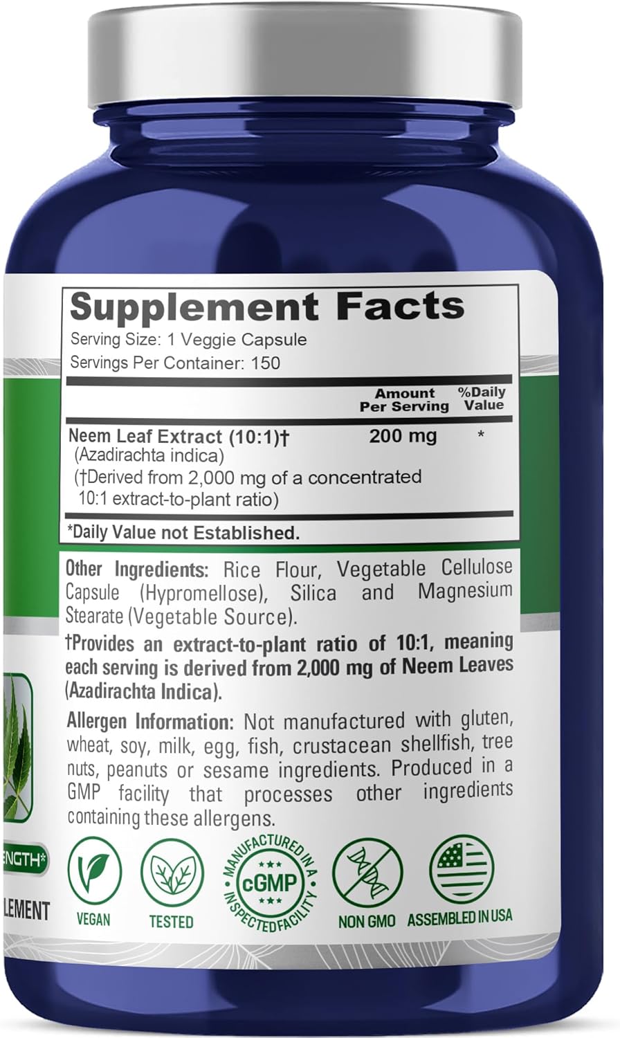 NusaPure Neem Leaf Root 10:1 Extract, 200 mg Equivalent to 2,000 mg 150 Veggie Capsules|Herbal Supplement|Non-GMO, Vegan - Image 2