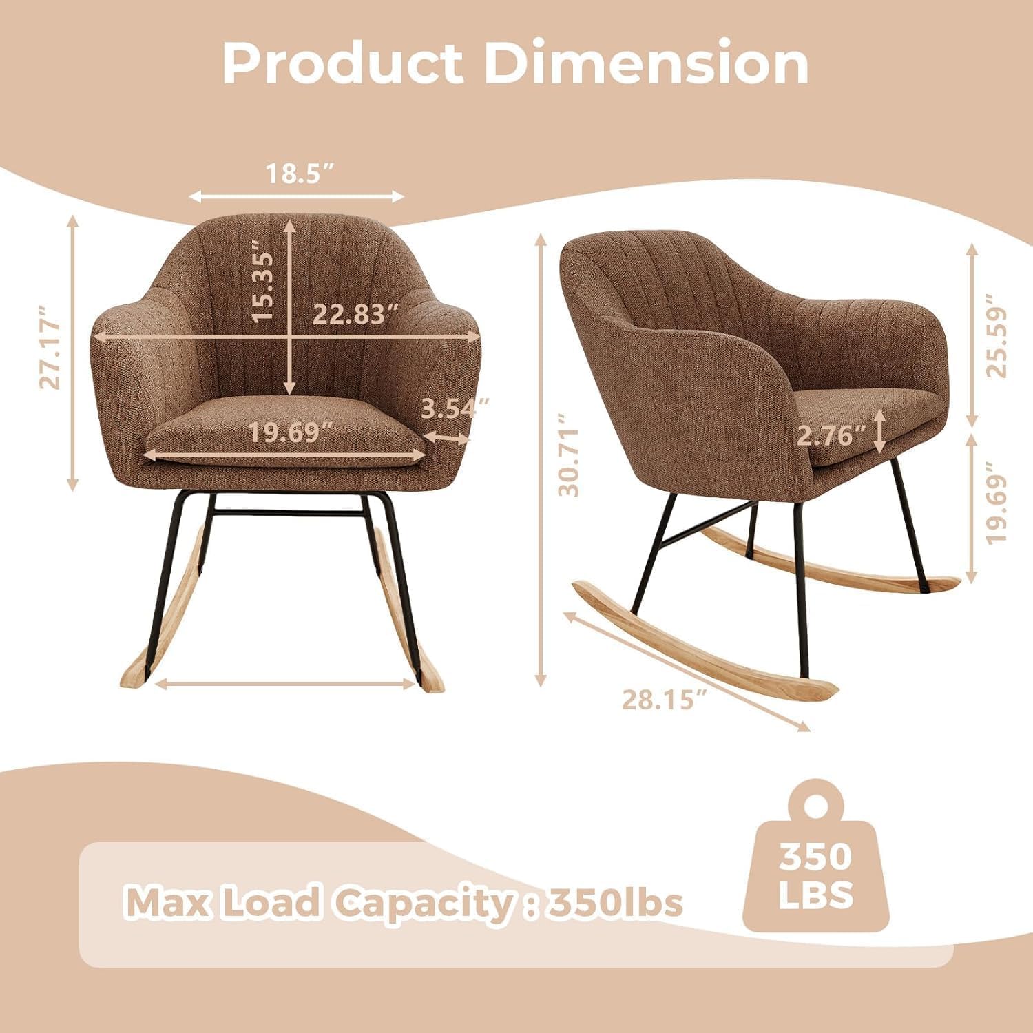 Nursery Rocking Chair, Upholstered Nursing Glider Rocker Rocking Accent Chair Padded Seat, Bedroom Armchair Comfy Side Chair for Living Room Office