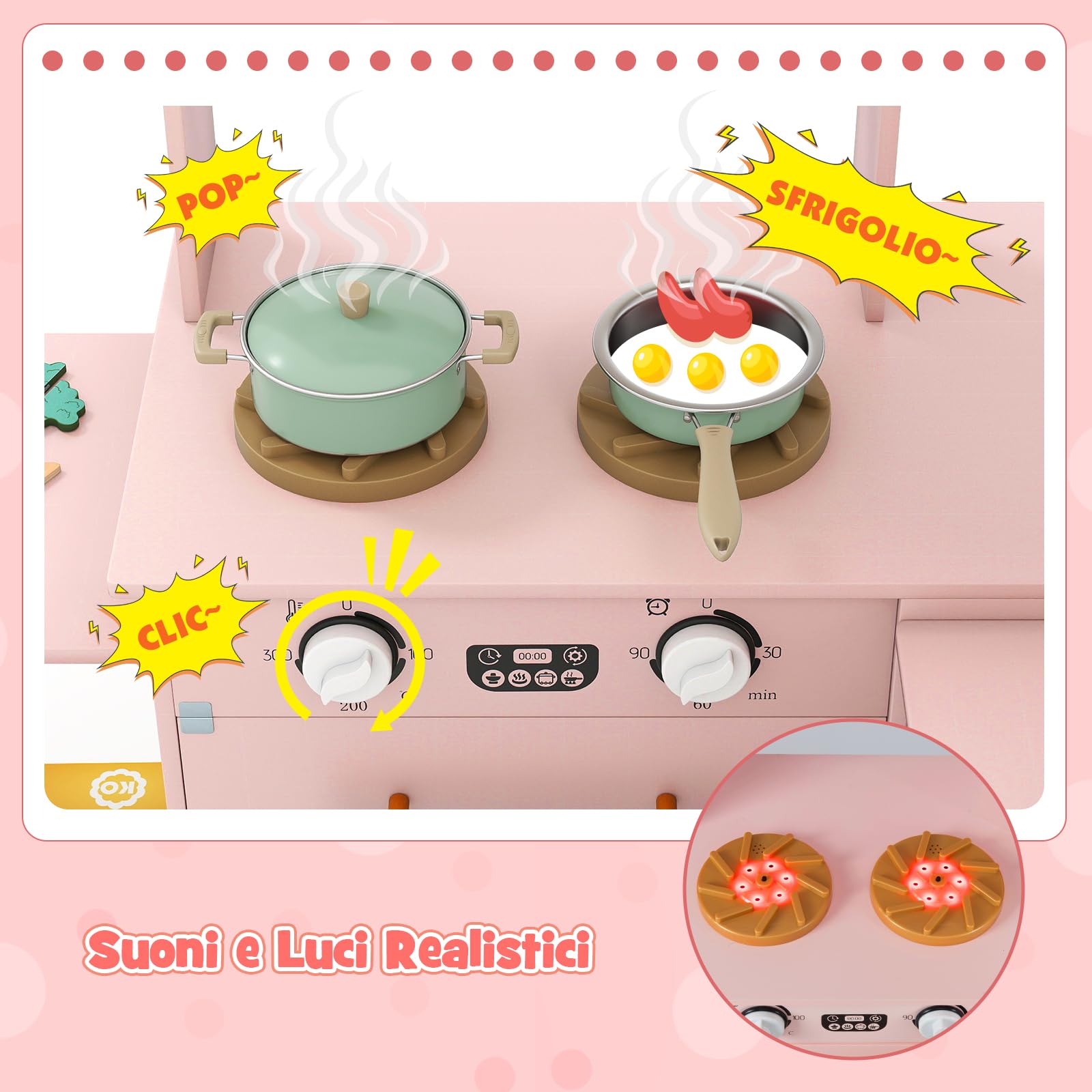 COSTWAY Cucina Giocattolo Angolare in Legno, Set di Cucina Giocattolo per Bambini con Lavabo, Fornelli, Forno, Frigorifero, Macchina del Ghiaccio e Accessori, per Bambini 3 Anni+ (Rosa)