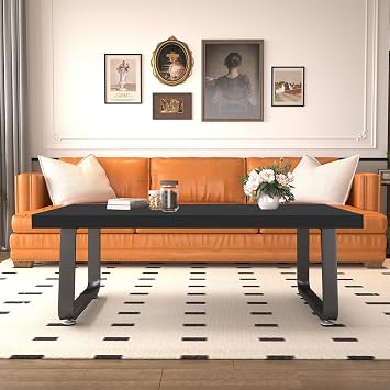 HSH Black Oak Coffee Table, 55D×100W×46.5H cm, Rustic Industrial Wooden Coffee Table for Living Room Bedroom Office | Wood Tabletop with Sturdy Metal Legs, Modern MinimalistStyle, Low Tea Table for Bedrooms, Offices, Easy Assembly