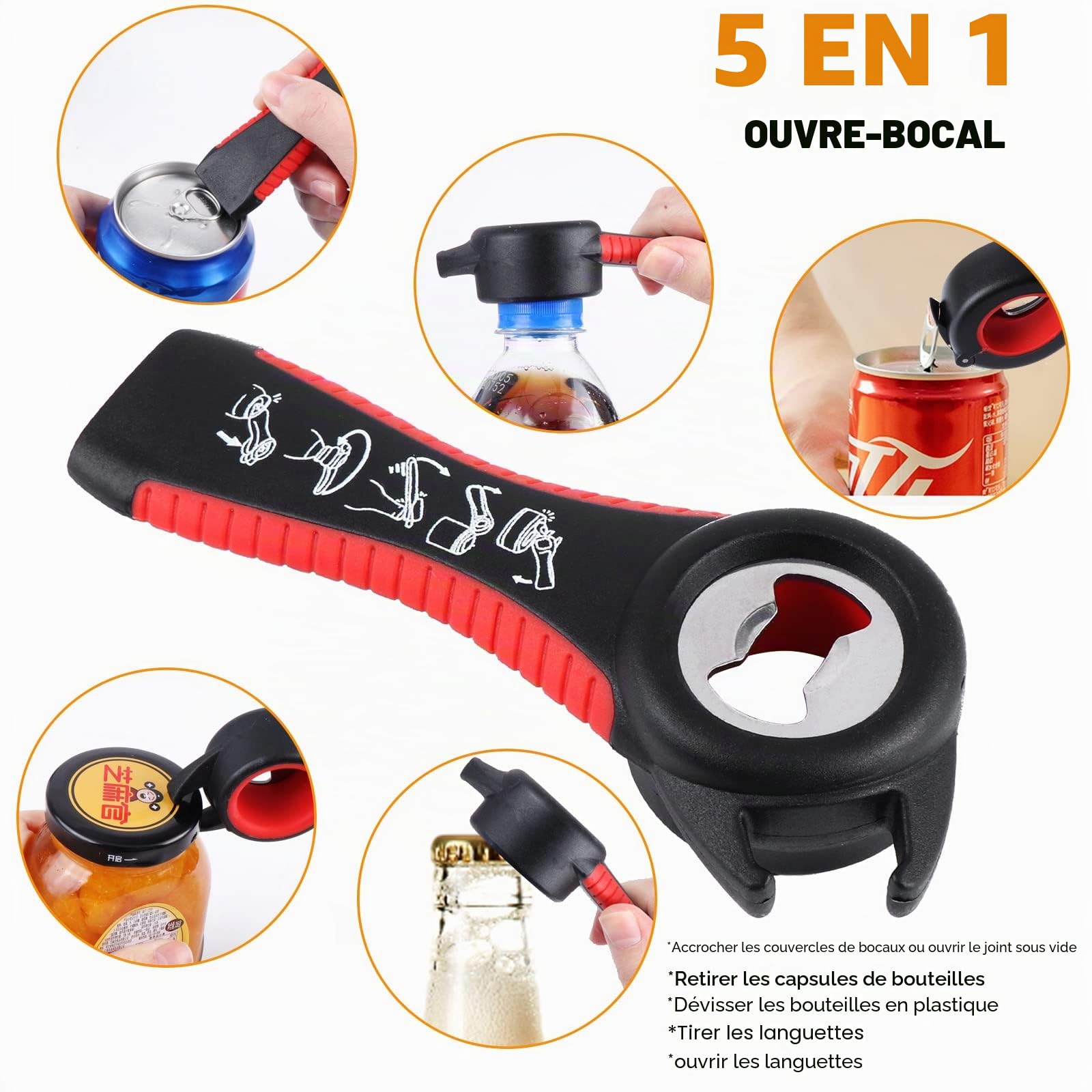 Multifonctionnel Ouvre Bocal Manuel 4 Pcs 4/5/6 en 1 Ouvre Boîte Ouvre-bouteilles