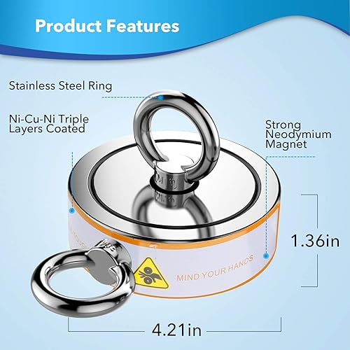 Miniatura 4 de Kit de pesca con imán de doble cara de 2600 libras con estuche, imán Dazakoot para pesca y búsqueda del tesoro, kit de pesca magnético premium con