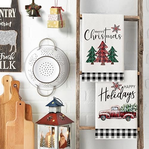 Miniatura 3 de Artoid Mode Toallas de cocina con árboles de Navidad y camión blanco y negro, 18 x 26 pulgadas, paño de secado ultra absorbente para cocinar