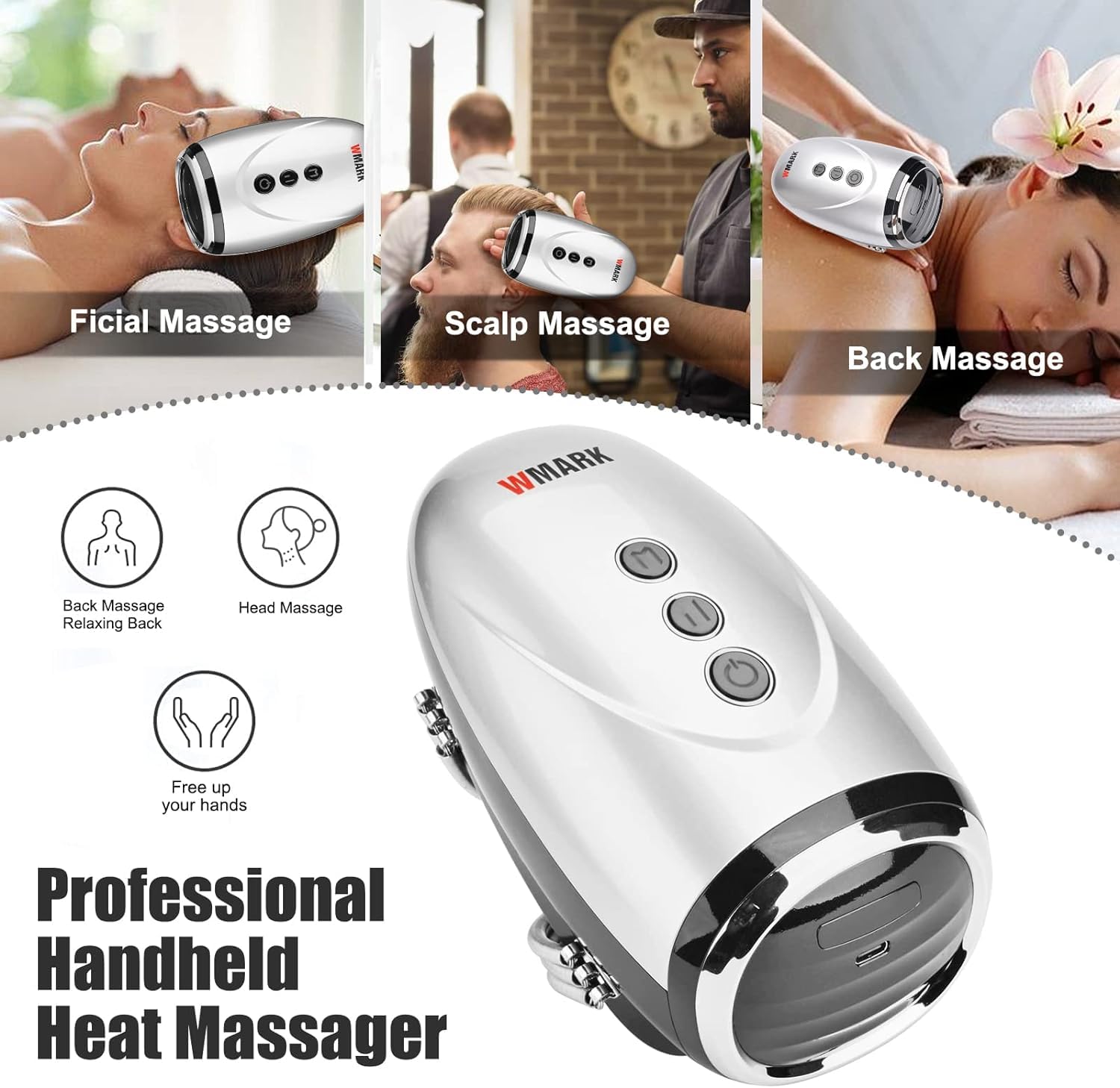 WMARK NG-SM001 Ultra Premium - Masajeador inalámbrico para peluquería, hogar, carga USB, vibración, cuello, piernas, manos, cara, 2 nodos de masaje, 2600 mAh, 13 horas de funcionamiento, temporizador