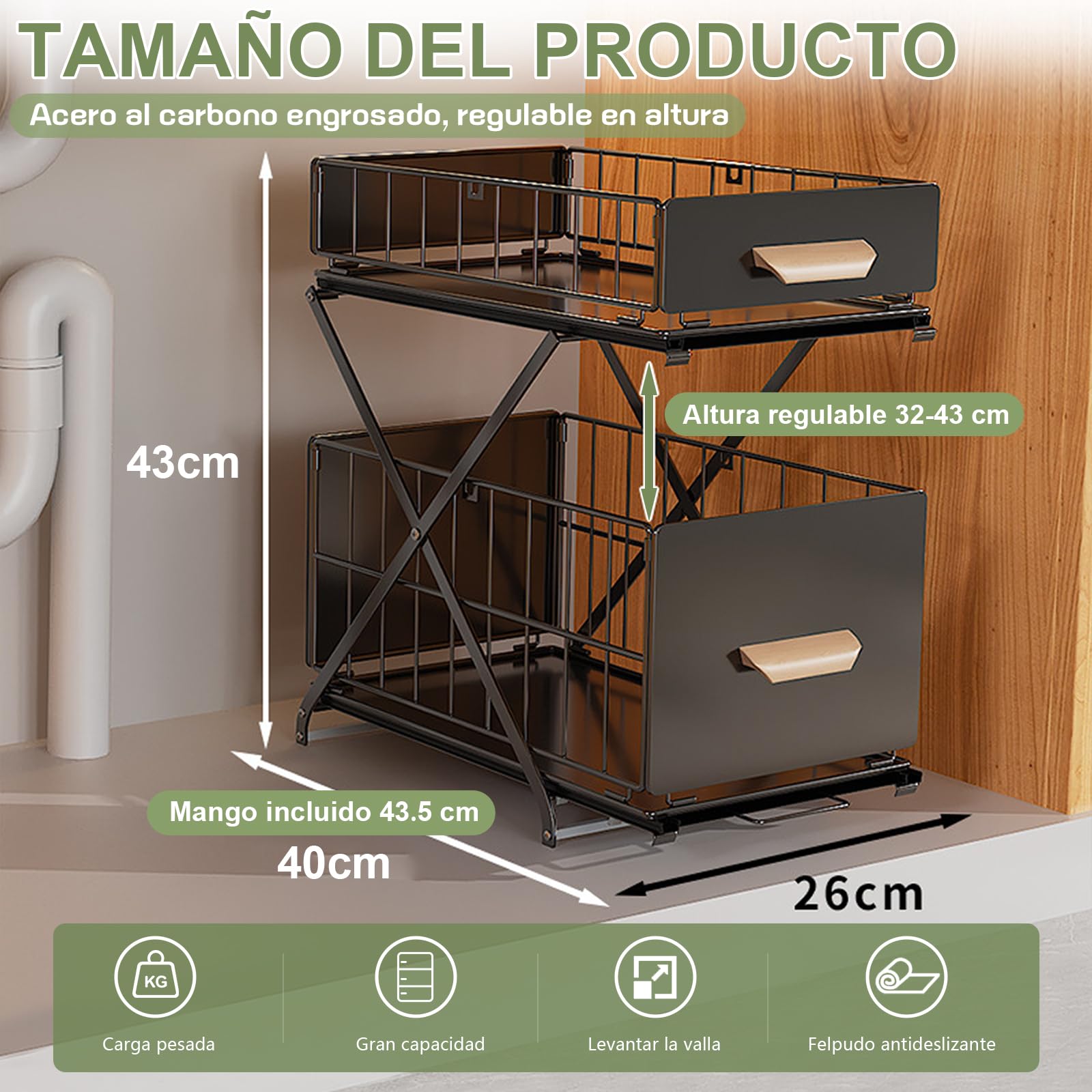 Organizador Bajo Fregadero 2 Niveles Metal Deslizable Negro | Estante de almacenamiento debajo del fregadero para cocina y baño, altura ajustable (40 x 26 x 39 cm)