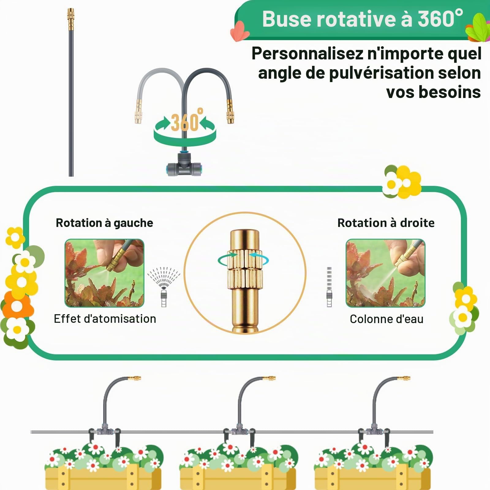 Système d'Irrigation Jardin 25M Tuyau, Brumisateur Terrasse,Buses en Laiton | Réglables à 360°, Kit Arrosage Micro Irrigation Goutte à Goutte et de brumisation pour Pelouse Serre et Potager, ⌀6mm