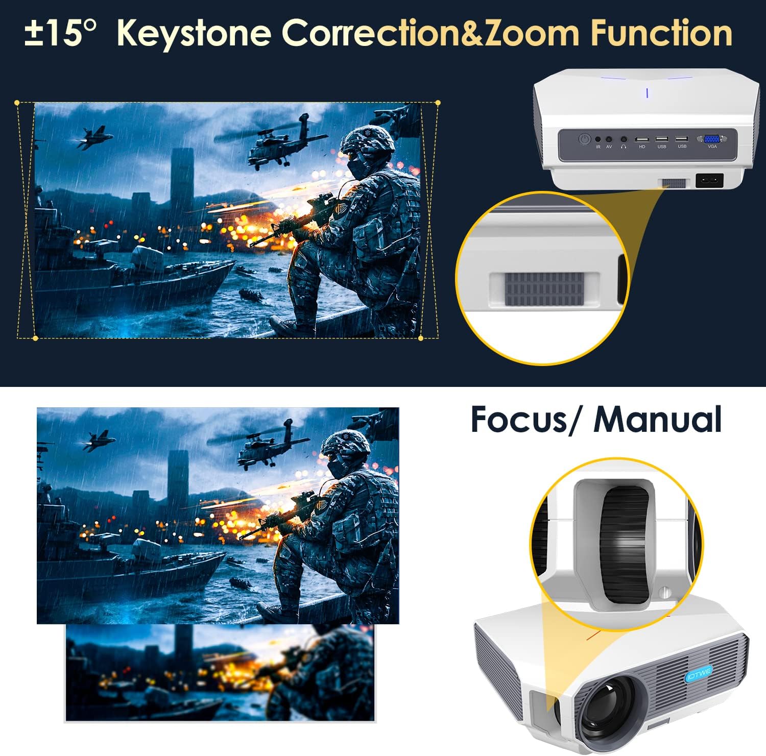 Akaiky views of the IOTWE projector's manual focus wheel and keystone correction adjustment, showing how to achieve a clear, rectangular image.