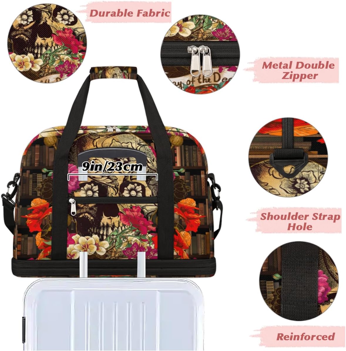 QsirBC Skulls Classic Theme Gym Bag for Women Duffle Tote with Shoes Compartment Men Weekender Duffel for Dance Travel Sports Swimming Overnight