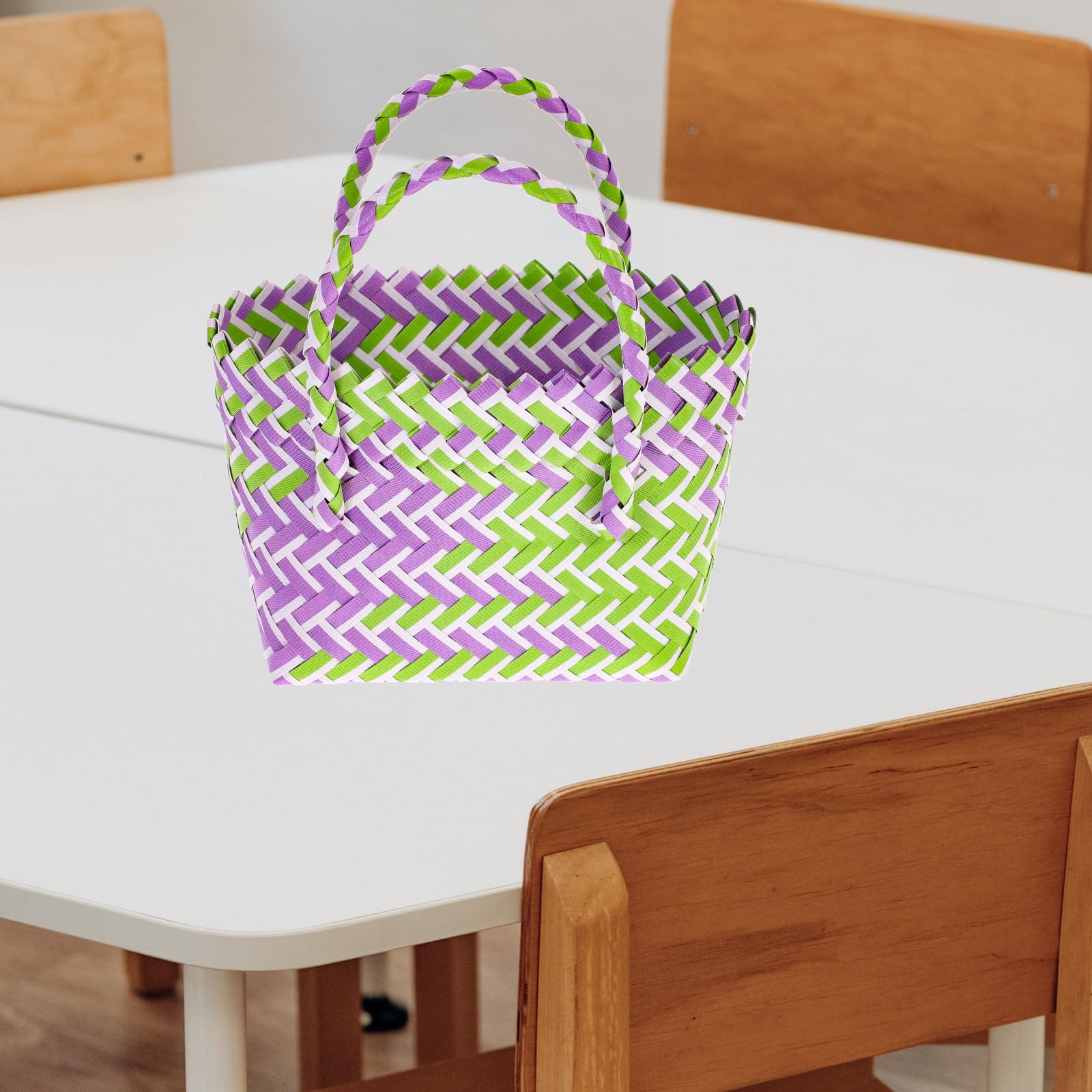 FOMIYES Panier de Rangement Tressé en Pvc Poignée Panier à Provisions Rustique Vert et Violet Maison Pique-niques Réutilisable et Robuste Petit Format Pratique