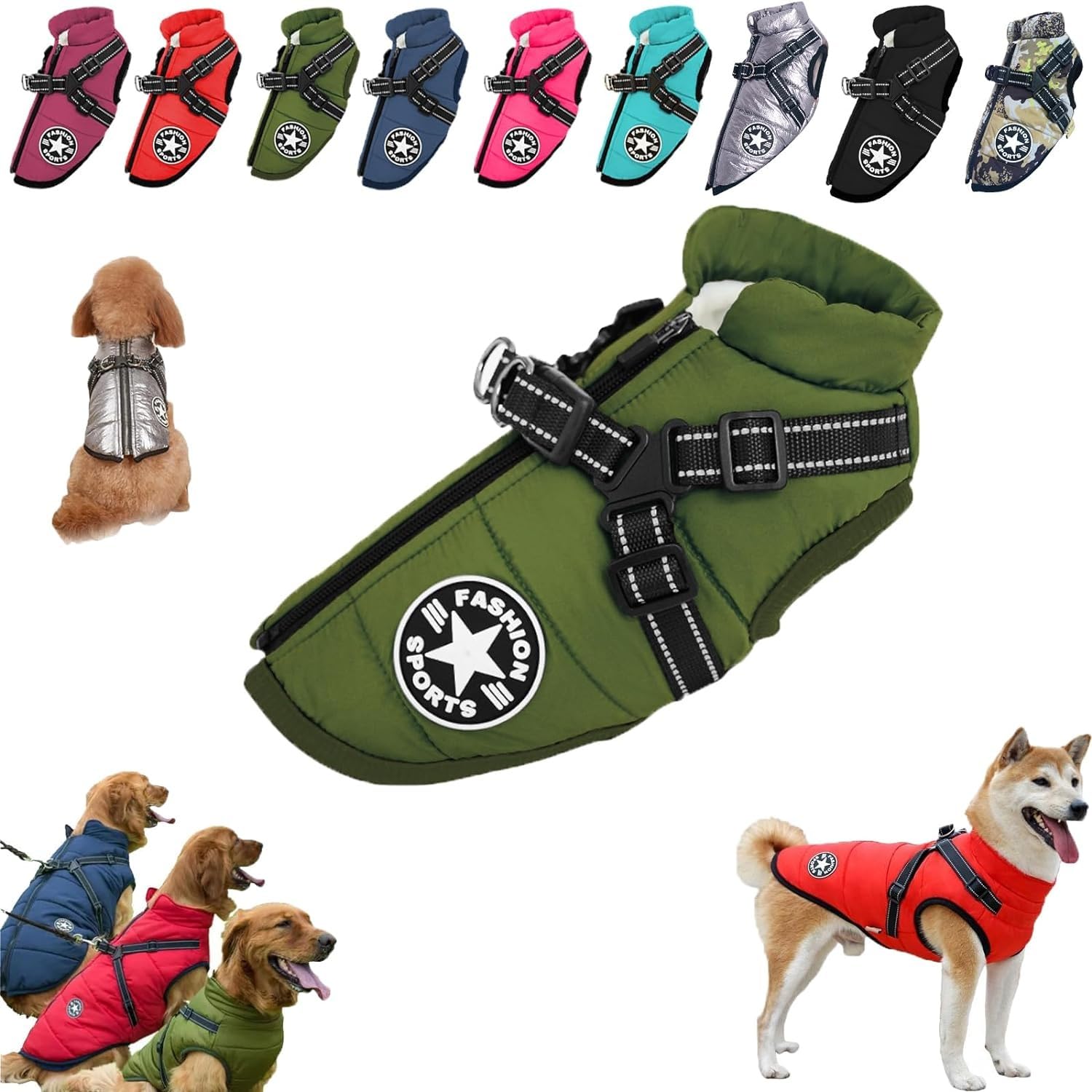 Pawbibi Sport - Waterproof Winter Jacket with Built-in Harness, Pawbibi Warm Dog Jacket, Reflective & Adjustable Pet Vest Harness, Waterproof Windproof Dog Winter Warm Coats (Color : Green, Size : S