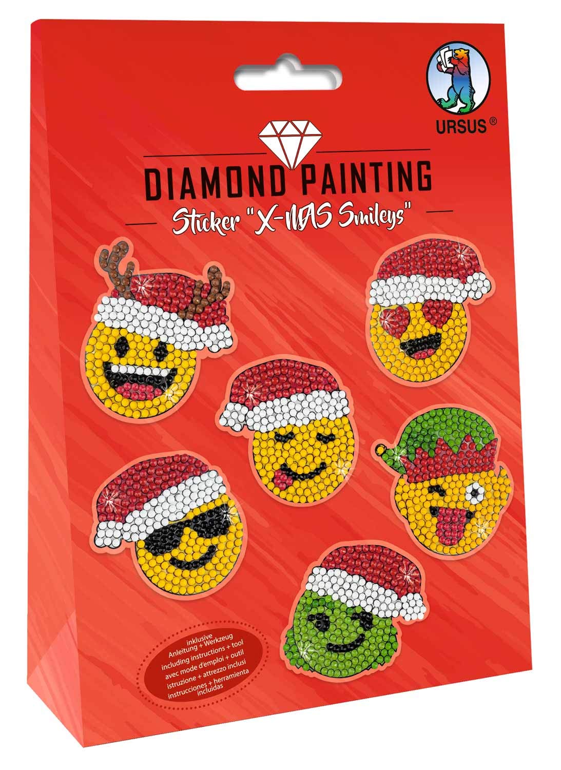 Ursus 43500007 - Diamond Painting Sticker X-mas Smileys, zum Gestalten von Stickern mit funkelnden Diamanten, 2 Stickerbögen 15 x 10 cm, verschiedene Designs, Diamantensteine, Picker, Wachs und Schale