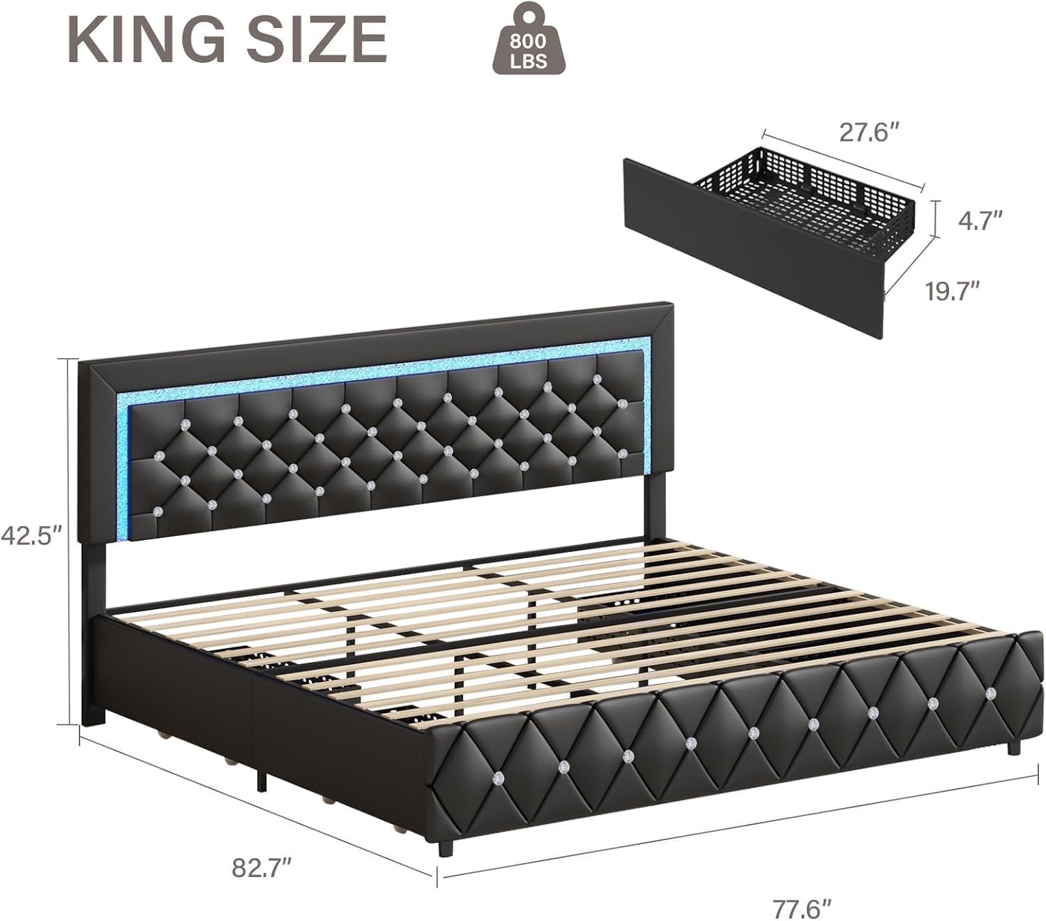 BarnFurin King Size Bed Frame with LED lights and storage drawers, shown in a bedroom setting with drawers open.