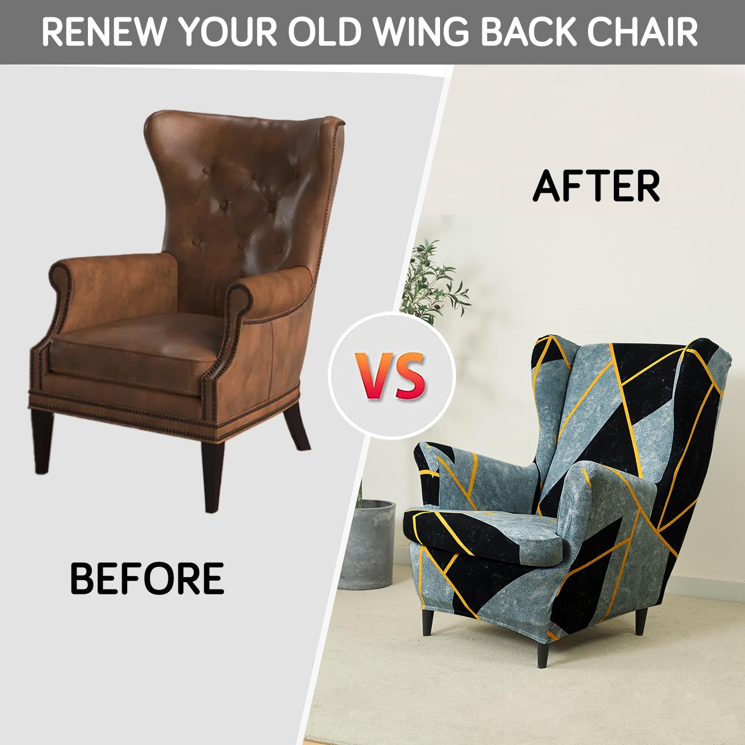 HOKIPO 'Elira Series' Polyester Blend 140gsm Fully Covered Wingback Chair Cover, Multicolor Abstract Geometry (AR-4991-C10) 4