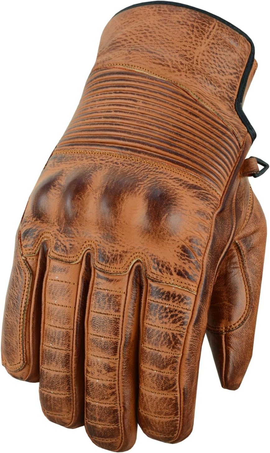 Waxed Leather Elasticised Motorcycle Gloves Distress Classic Chopper Cruiser Fashion Glove Adventure Rider, XL