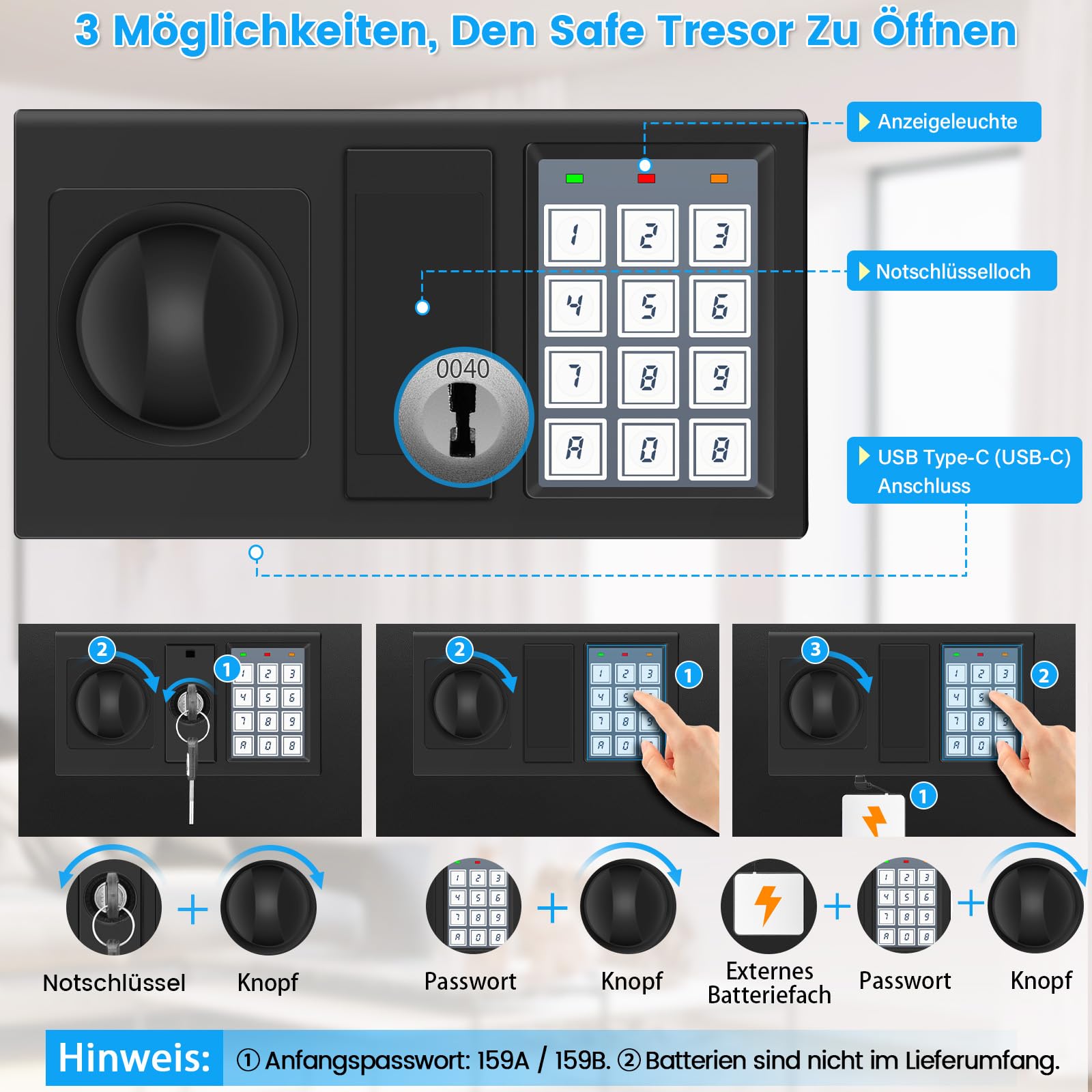 Cassaforte digitale per la casa con custodia ignifuga, piccola cassaforte con serratura a combinazione, modalità allarme e modalità silenziosa, cassaforte da parete, piccolo per contanti
