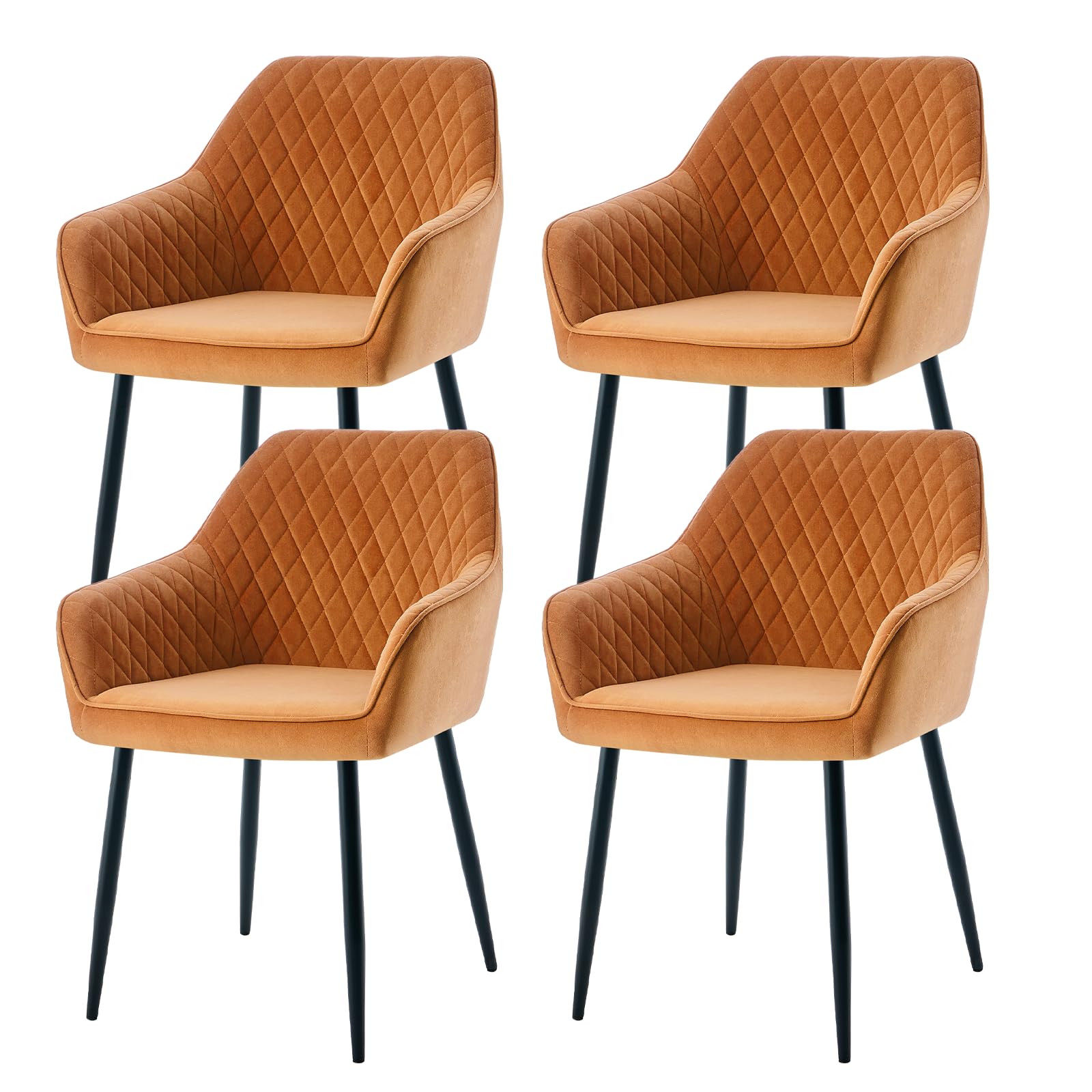 AINPECCA Set of 4 Dining Chairs Orange Velvet Armchairs with Armrest & Backrest Upholstered Seat with Black Metal Legs (Orange Vevlet,4)