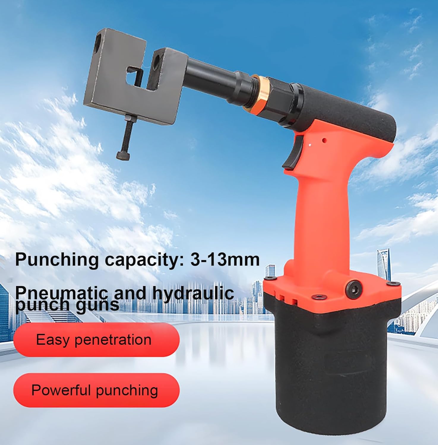 Pneumatic Hole Puncher with Handle, Air Metal Straight Sheet Hole Punch Tool, Industrial Sheet Metal Punching Gun, Low Noise, Integrated Design 10MM