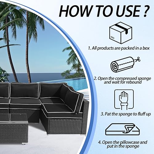 Miniatura 6 de Cojines de repuesto para muebles de exterior, juego de conversación seccional de ratán resistente al agua, cojines de repuesto para sofá, forro y