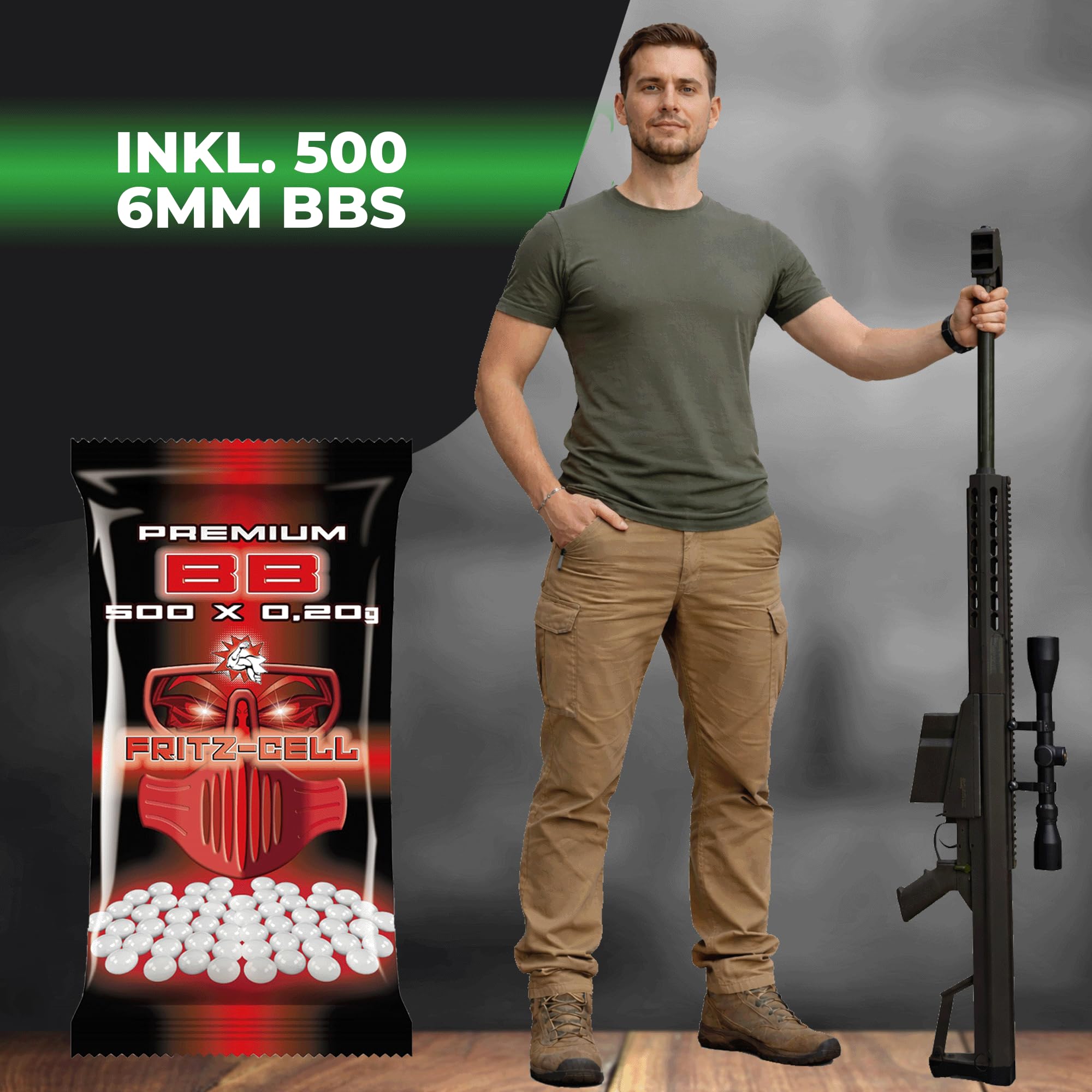 Fritz-Cell Set Airsoft Gewehr M82 140 cm Softair Waffe 0,5 Joule 6 mm inkl. Zweibein, Zielfernrohr, 500 Premium BB's 0,20g Munition FC31C schwarz