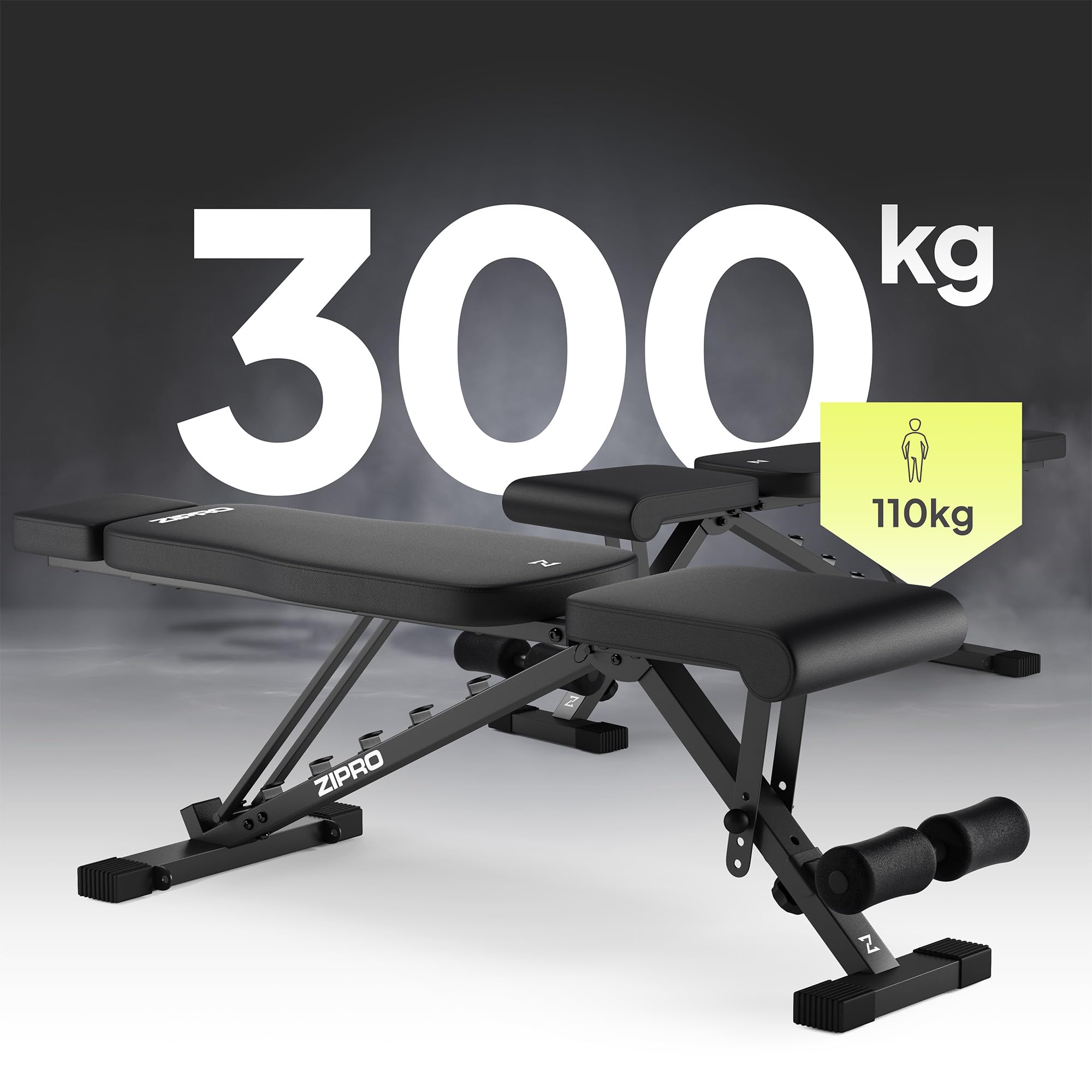 ZIPRO Banco Plegable de Musculación Ajustable Fitness Gimnasio Soporte hasta 300 kg con Respaldo y Asiento 7x Posiciones Equipo Entrenamiento Home Gym Fitness Doméstico Gimnasio – Grind Negro