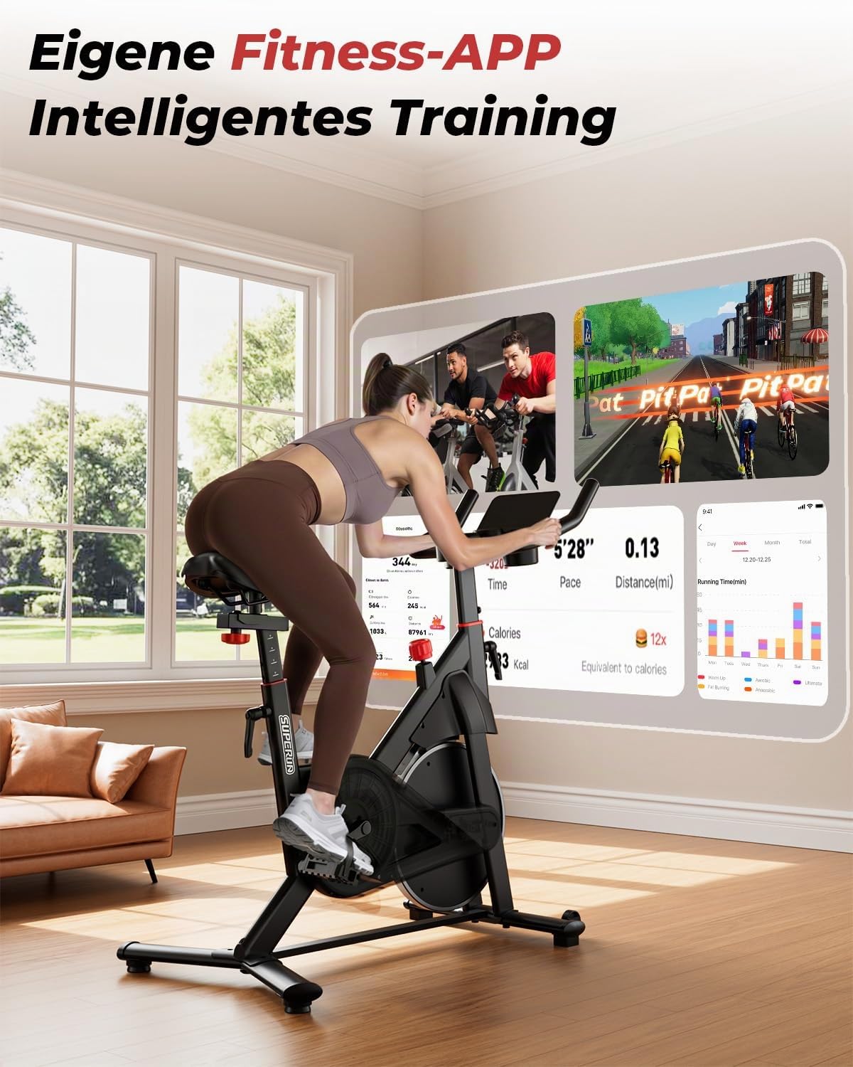 Heimtrainer Fahrrad mit APP, Superun Ergometer Spinning Bike Indoor mit Verstellbarem Widerstand, 15KG Schwungrad, Ultraleise für Kardio-Training zu Hause.Vor Ort erlebbar & reparierbar