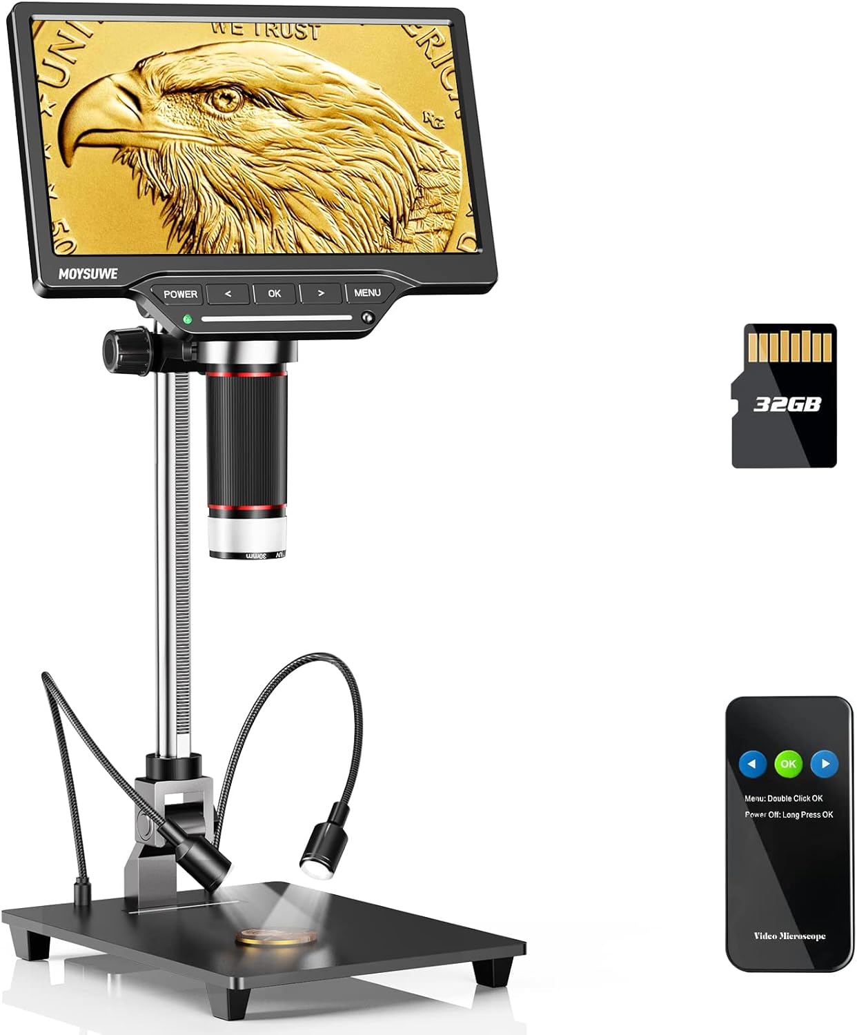 MOYSUWE MDM201 Pro HDMI Digital Microscope with 7-inch screen, stand, and remote
