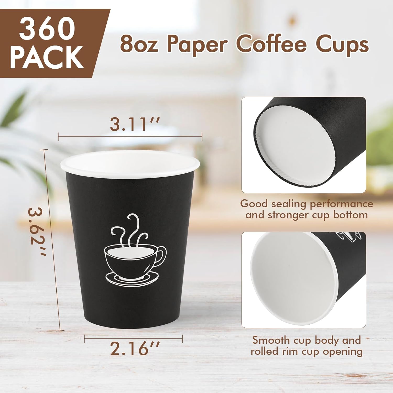 TV TOPVALUE 360 Pack 8 oz Paper Coffee Cups, Disposable Black Paper Cups for Hot Beverage, Drinking Water, Used for Cafes, Offices and Events