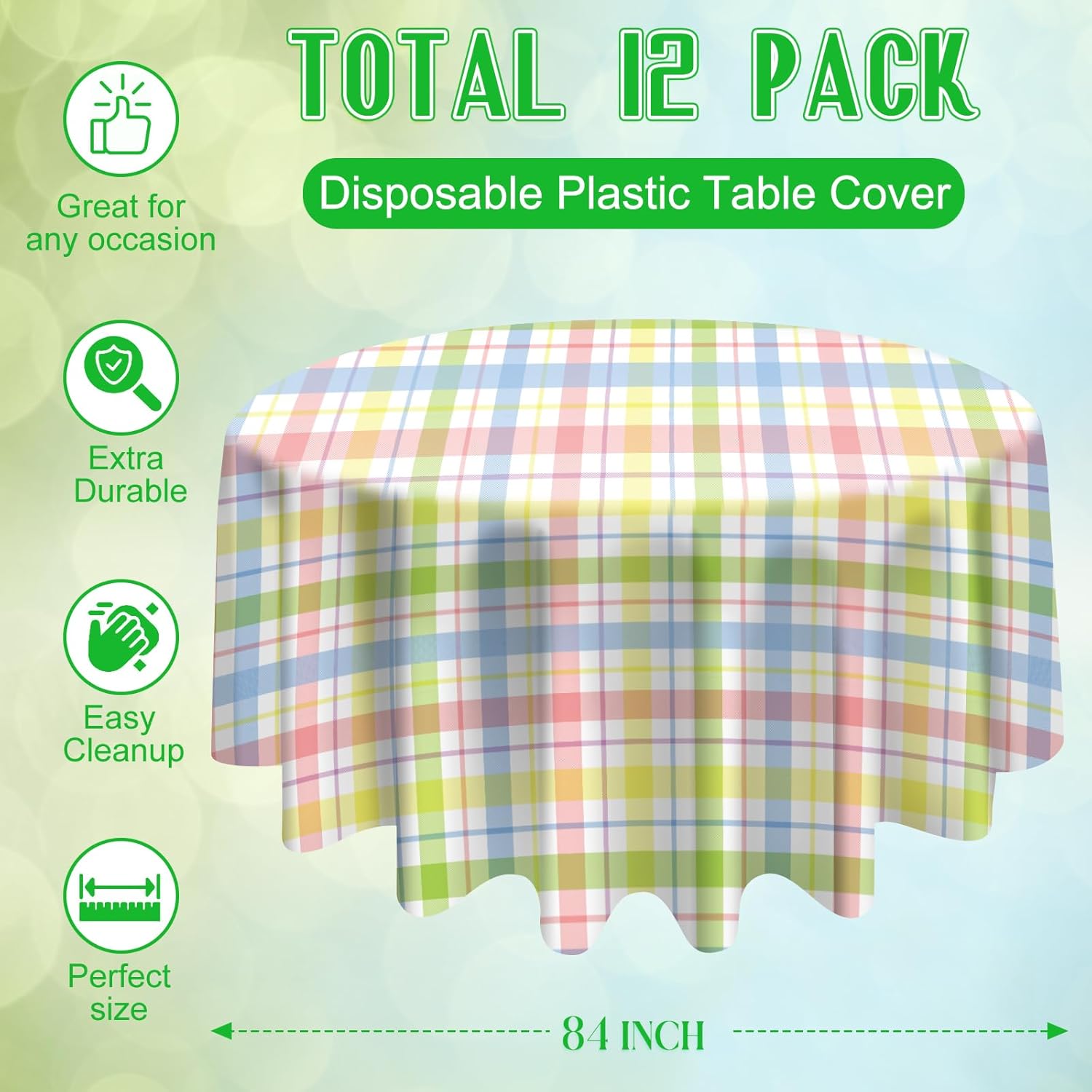 12Pcs Spring Easter Buffalo Plaid Checkered Round Tablecloth Decorations, Plastic Watercolor Pink Blue Yellow Pastel Dinner Table Cover for Indoor Outdoor Spring Birthday Easter Party Supplies,84 Inch