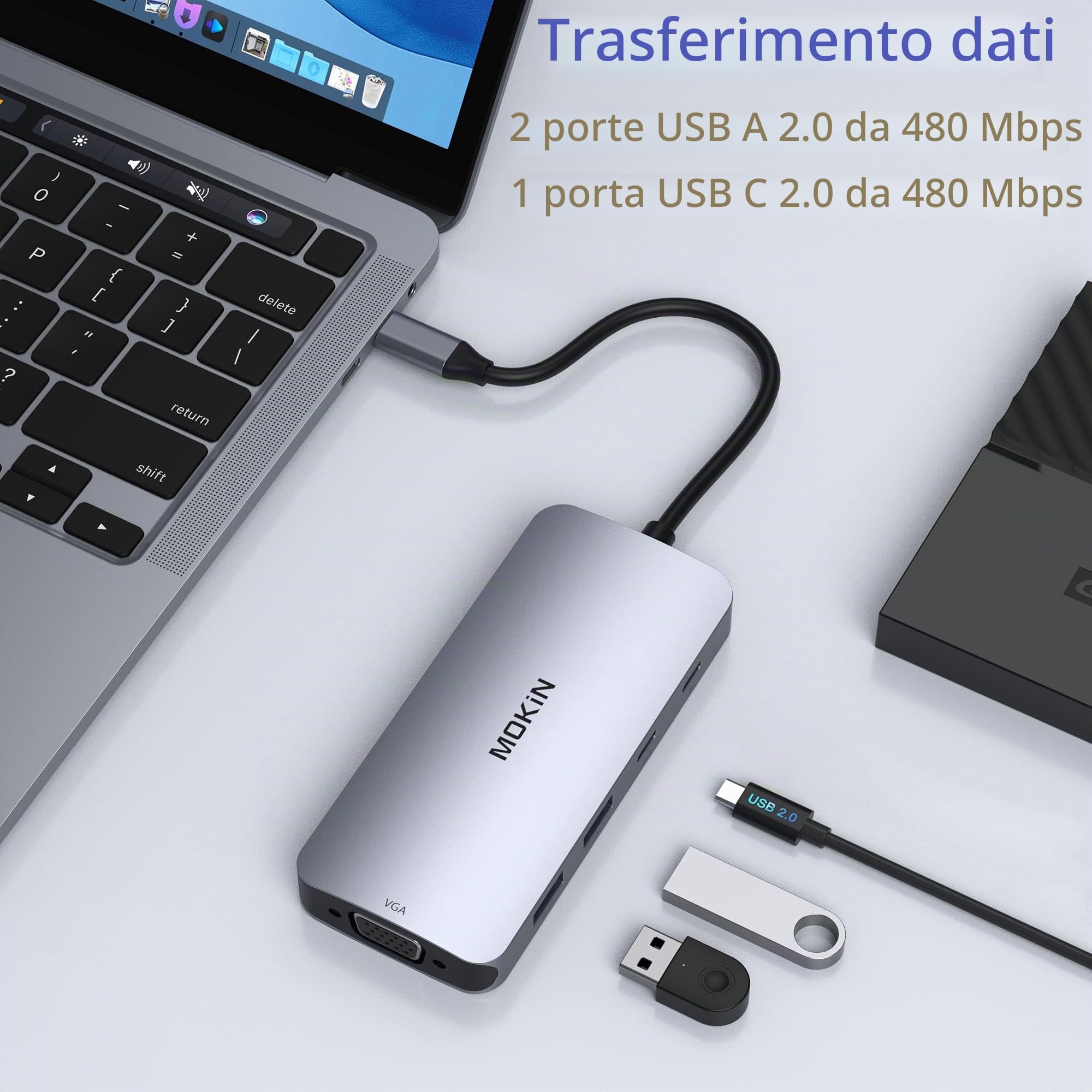 Docking Station USB C Dual Monitor 8 in 1 Con Doppio HDMI, Displayport e VGA, 100W PD, 3 Porte USB 2.0, Quadrupla Display per Dell, HP, Lenovo, ASUS, Microsoft