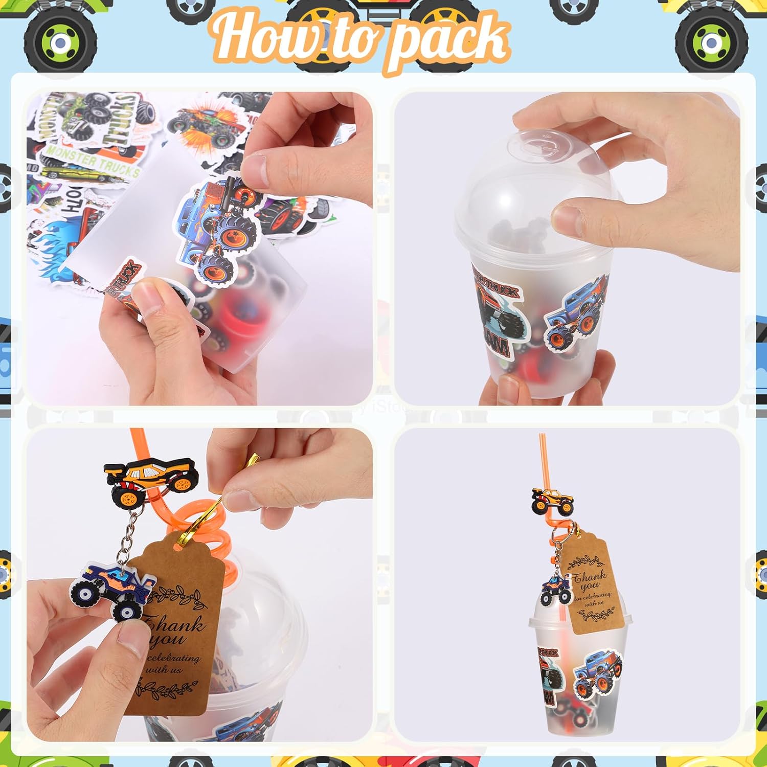 Kolewo4ever 244 Pieces Monster Truck Party Gifts Set Monster Truck Party Supplies Jam Birthday Decorations with Cup Straw Keychain Sticker Thank You Tags - Image 4