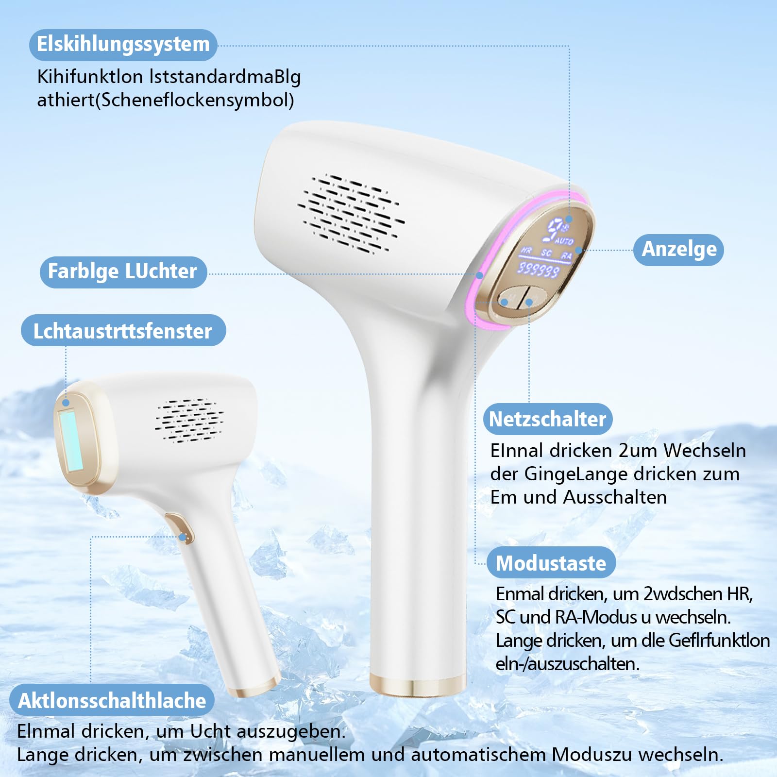 3 en 1 Depiladora Laser con Función de Refrigeración, 570NM-1200NM, Depiladora Luz Pulsada, Pantalla Táctil LCD, 999,999 Flashes, 9 Niveles de Energía, HR/SC/RA Mode, para Facial, Axilas,Brazos