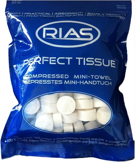 Rias oryginalne suche ściereczki w formie tabletek, 100% biodegradowalne, sprasowany mini ręcznik, ściereczka do naczyń, chłonne i miękkie - ręczniczek do czyszczenia, odświeżający, 100 szt.