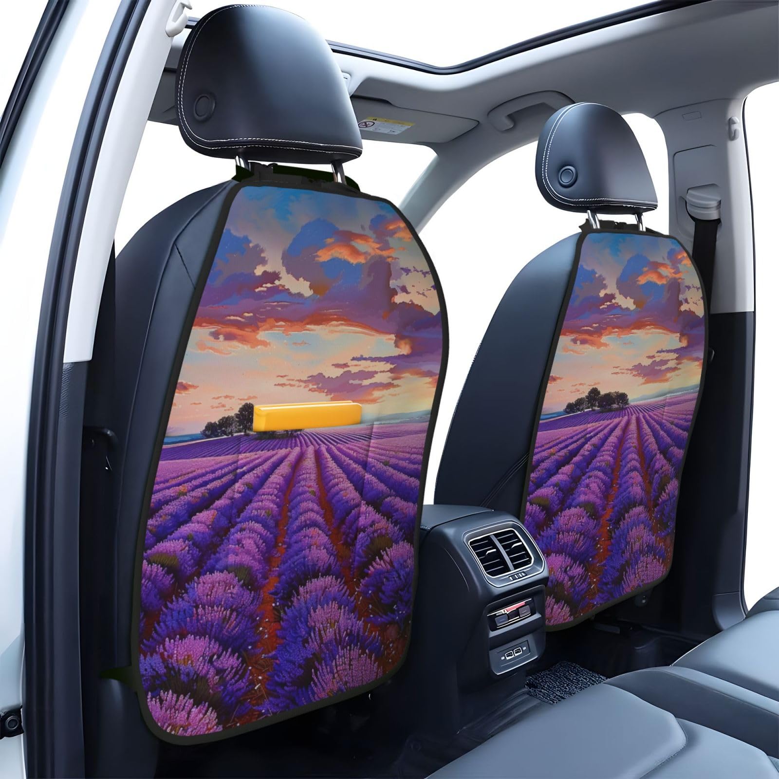 JTNWEC lavender fields Print Car Seat Kick Mats with Organisers 2 Pack Backseat Protector Seat Covers for Your Car, SUV, or Truck