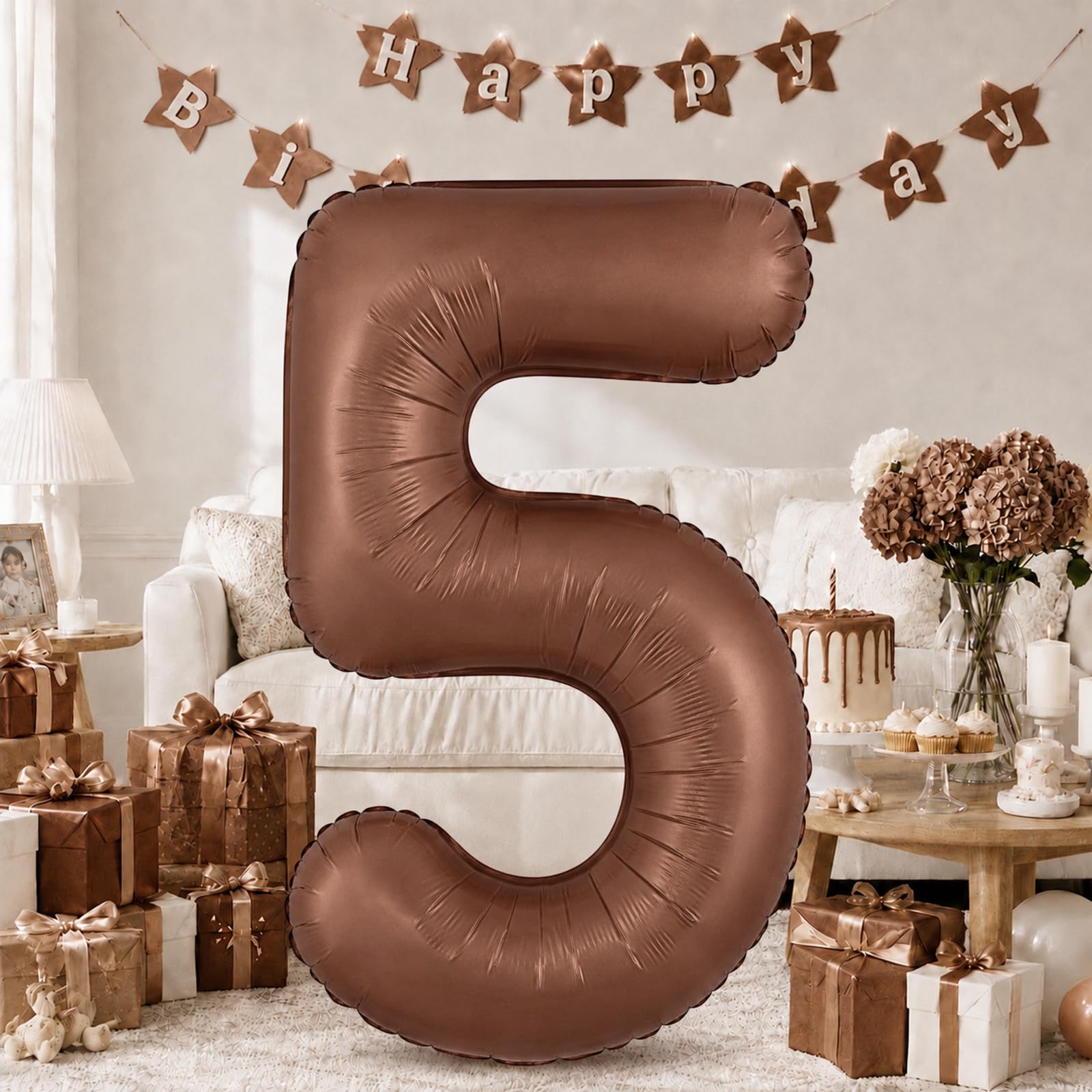 Dark Brown Number Balloon 5, 40 Inch Large Self Inflating 5 Foil Number Balloons 0-9, Chocolate Brown Digital 5 Helium Balloon for Girls Boy Women 5th 25th Birthday Party Anniversary Decorations