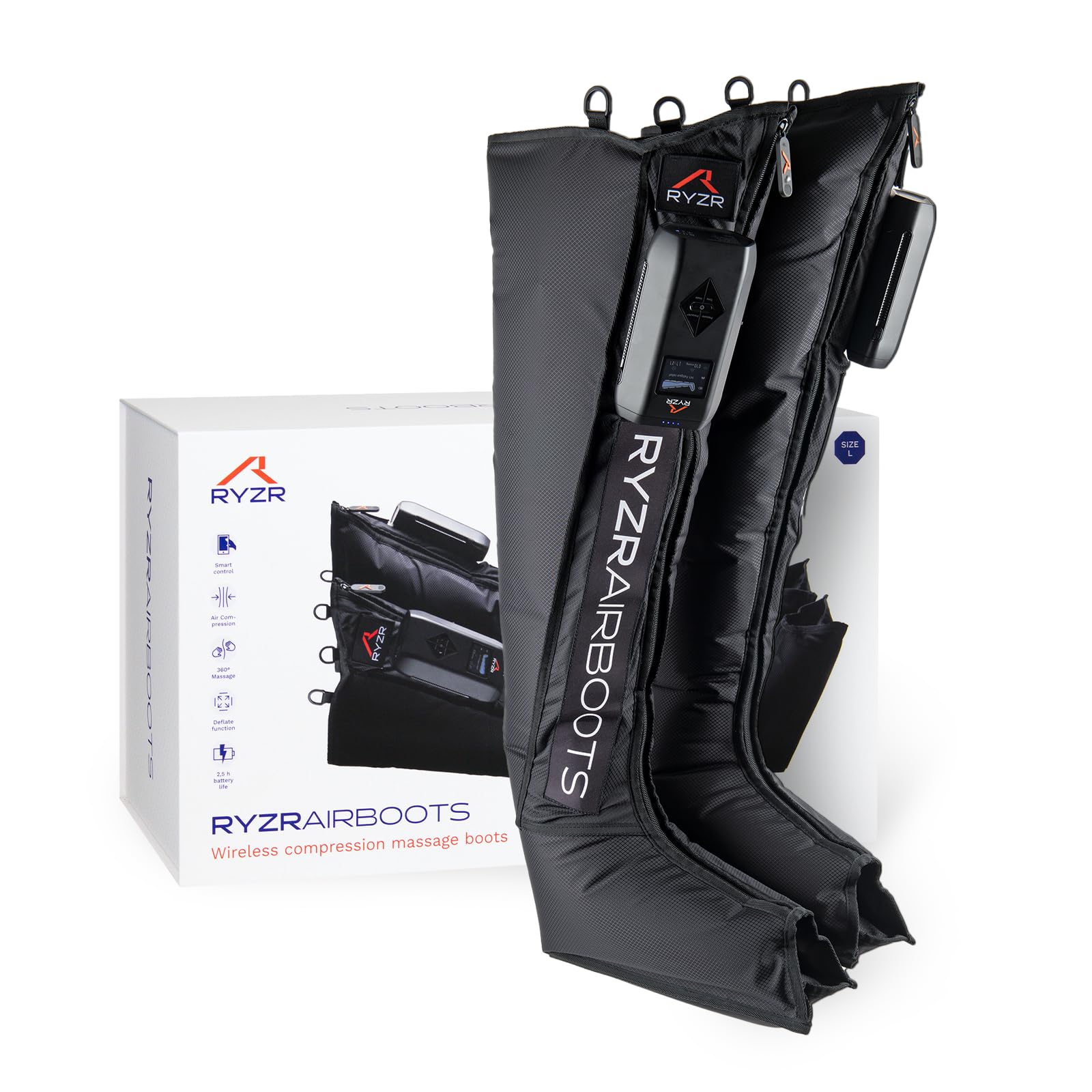 RYZR Airboots (XL) Kabellose Recovery & Kompressions Boots für Beine & Oberschenkel aus dem Profisport– 5-Kammer-System bis 180 mmHg, 5 Modis, Durchblutung, Lymphdrainage & Muskelregeneration