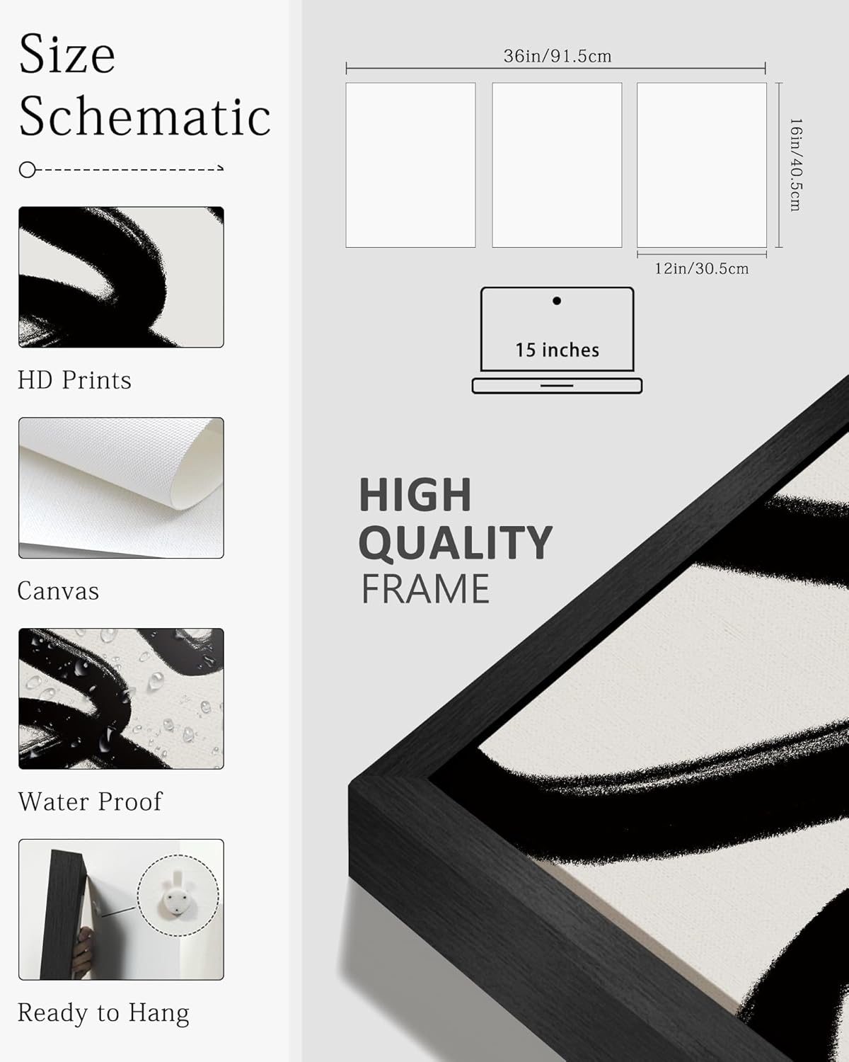 KUVIOKE Black and White Abstract Framed Wall Art Ink Wash Minimalist Lines Painting Artwork for Bedroom Hallway 12x16in (Black Framed)