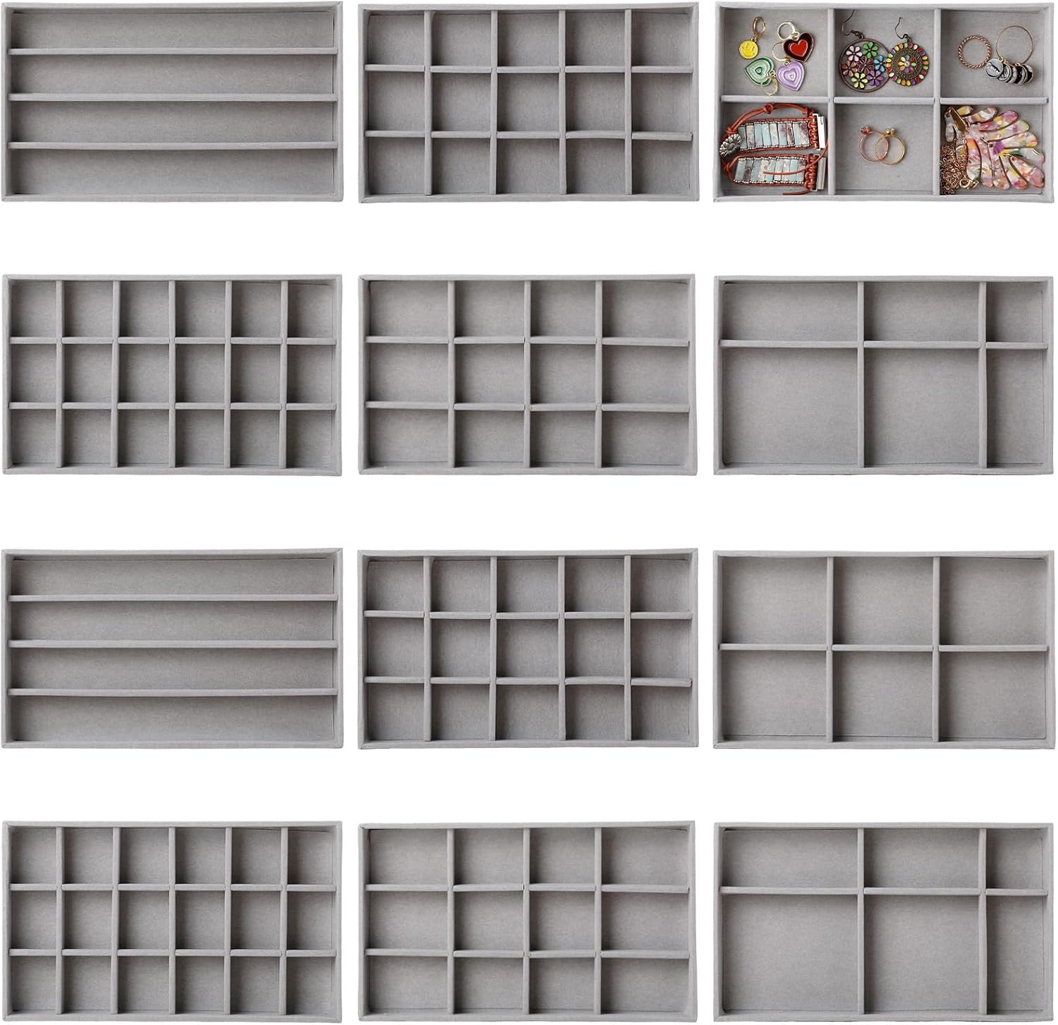 Inbagi 12 Pcs Small Velvet Jewelry Tray Stackable Jewelry Drawers Insert Divided Organizer Trays Storage Display Trays (Gray)
