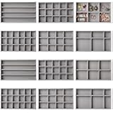 Inbagi 12 Pcs Small Velvet Jewelry Tray Stackable Jewelry Drawers Insert Divided Organizer Trays Storage Display Trays (Gray)