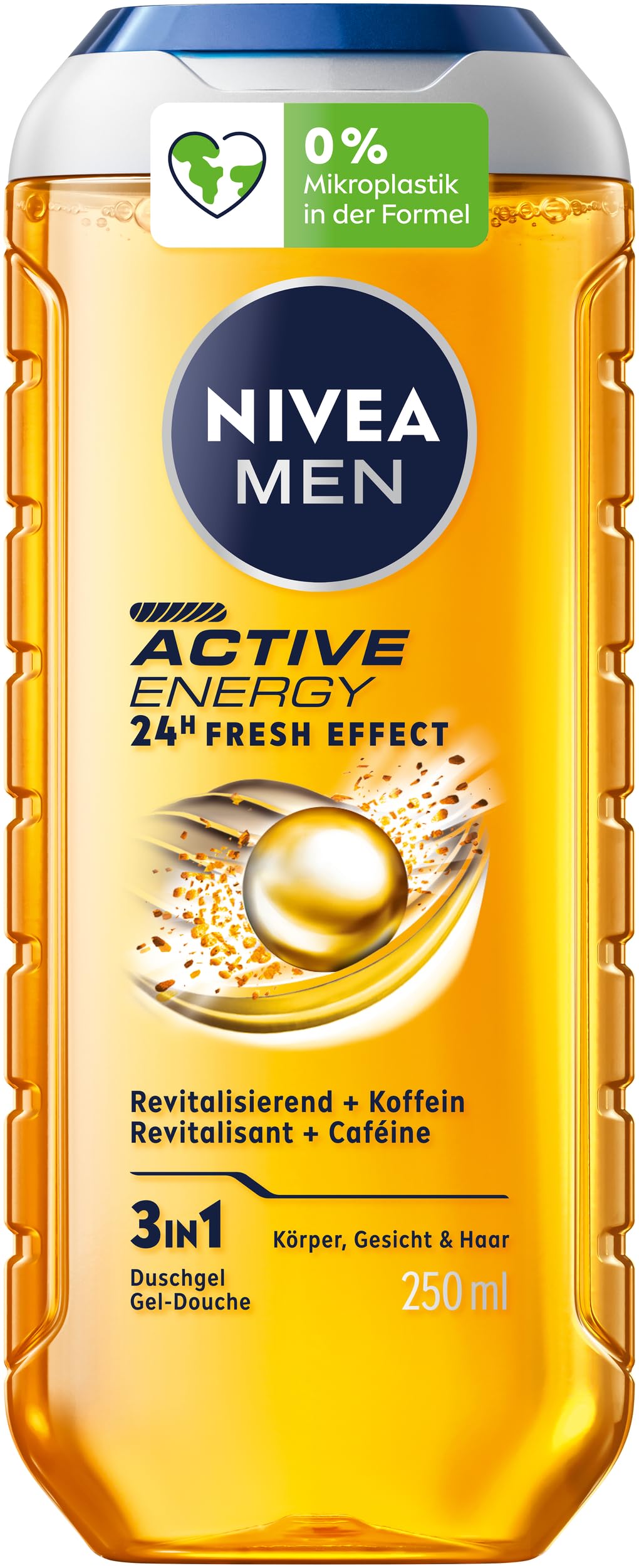 NIVEA MEN Active Energy Duschgel, pH-hautneutrale Pflegedusche mit 24h Frischeeffekt für Männer, revitalisierende Formel mit Koffein für Körper, Gesicht und Haar (250 ml)