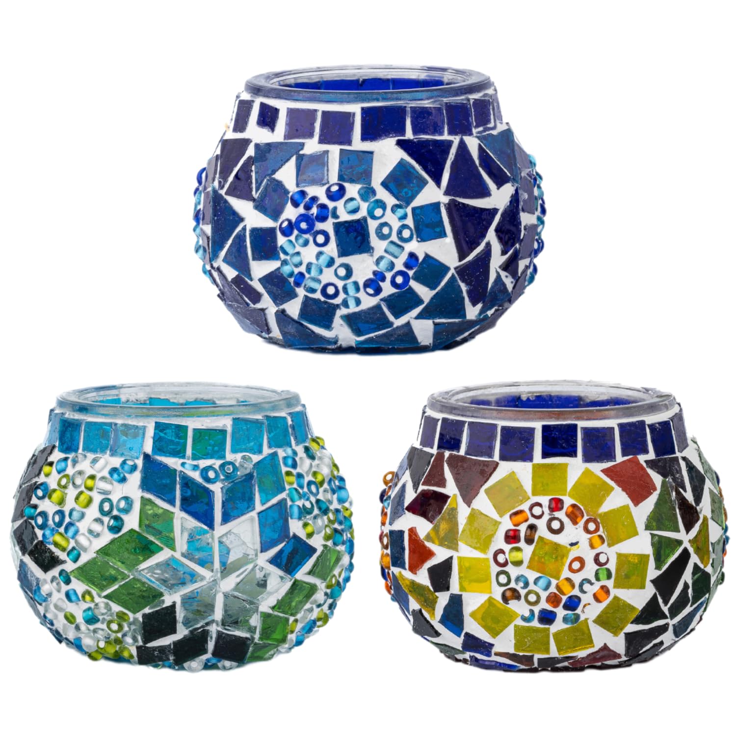 KAFTHAN Mosaic Glass Tealight Candle Holder Set of 3 - Decorative Unique Table Centerpiece for Wedding, Ball & Home - Lighting, Aromatherapy, Party & Gift - (2.4