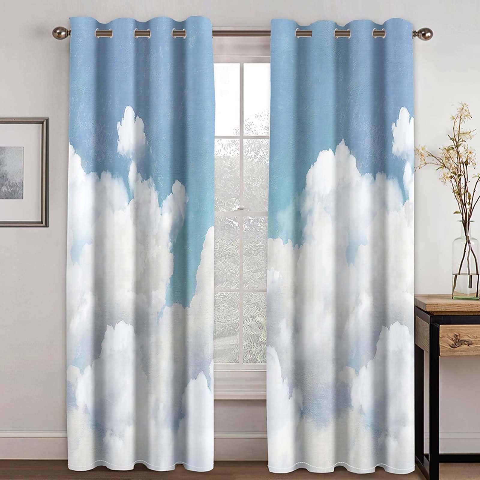 Rideau Salle de Bain Fenetre, Rideaux Cuisine Blanc Bleu Ciel et Nuages Polyester 2 Panneaux 428x274cm