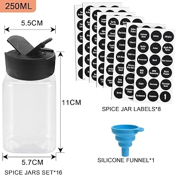 16 Pack Plastic Spice Jars Bottles with Lid, 8.8oz(250ml) Plastic Seasoning Bottle Spice Storage Containers Clear Seasoning Jars Containers Square Spice Bottles for Spice Herbs Powders Storage